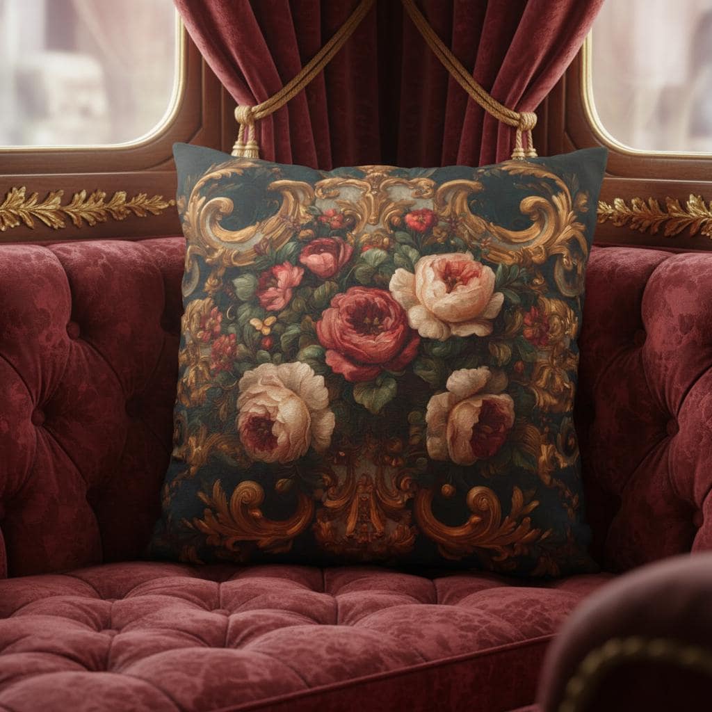 Baroque Rose Floral Pillow on Dark Teal – Rococo Gold Scroll Cushion, Victorian Peony Decorative Pillow, Grandmillennial Luxury Décor