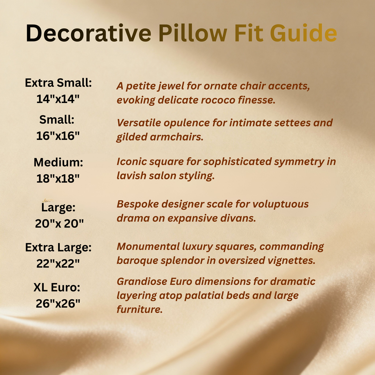 Decorative pillow fit guide with size descriptions and corresponding uses on a beige background.