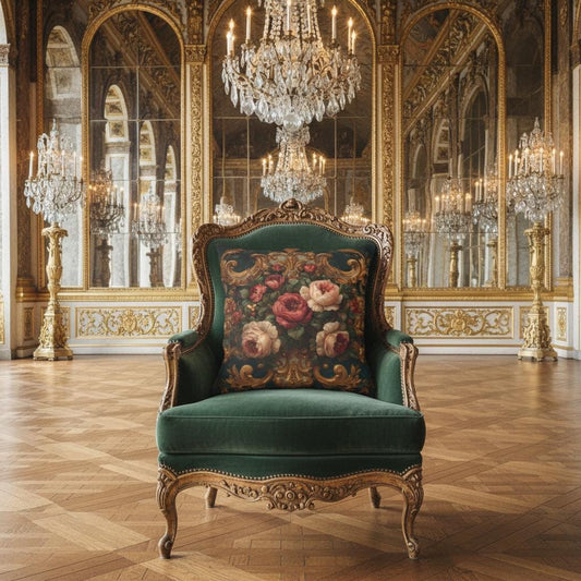 Baroque Rose Floral Pillow on Dark Teal – Rococo Gold Scroll Cushion, Victorian Peony Decorative Pillow, Grandmillennial Luxury Décor