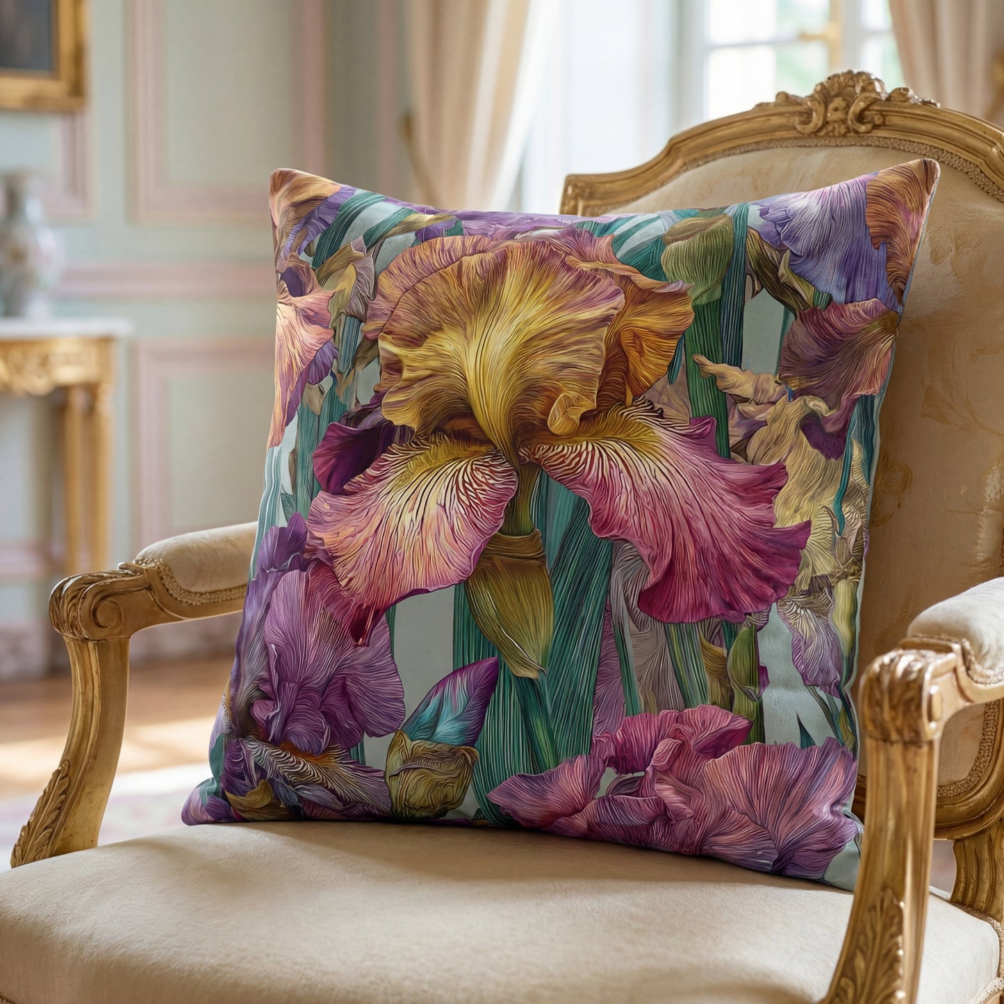 Decorative pillow with floral design on a chair in a room with curtains.