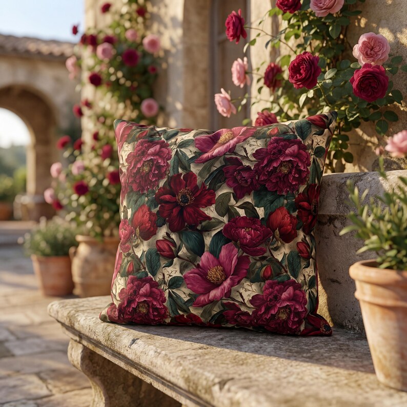 The Burgundy Peonies Garden Outdoor Pillow