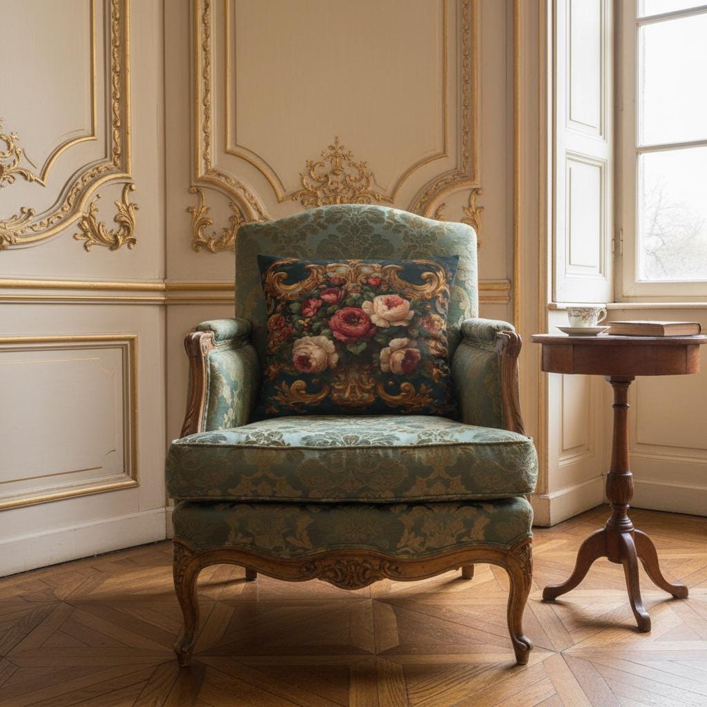 Baroque Rose Floral Pillow on Dark Teal – Rococo Gold Scroll Cushion, Victorian Peony Decorative Pillow, Grandmillennial Luxury Décor