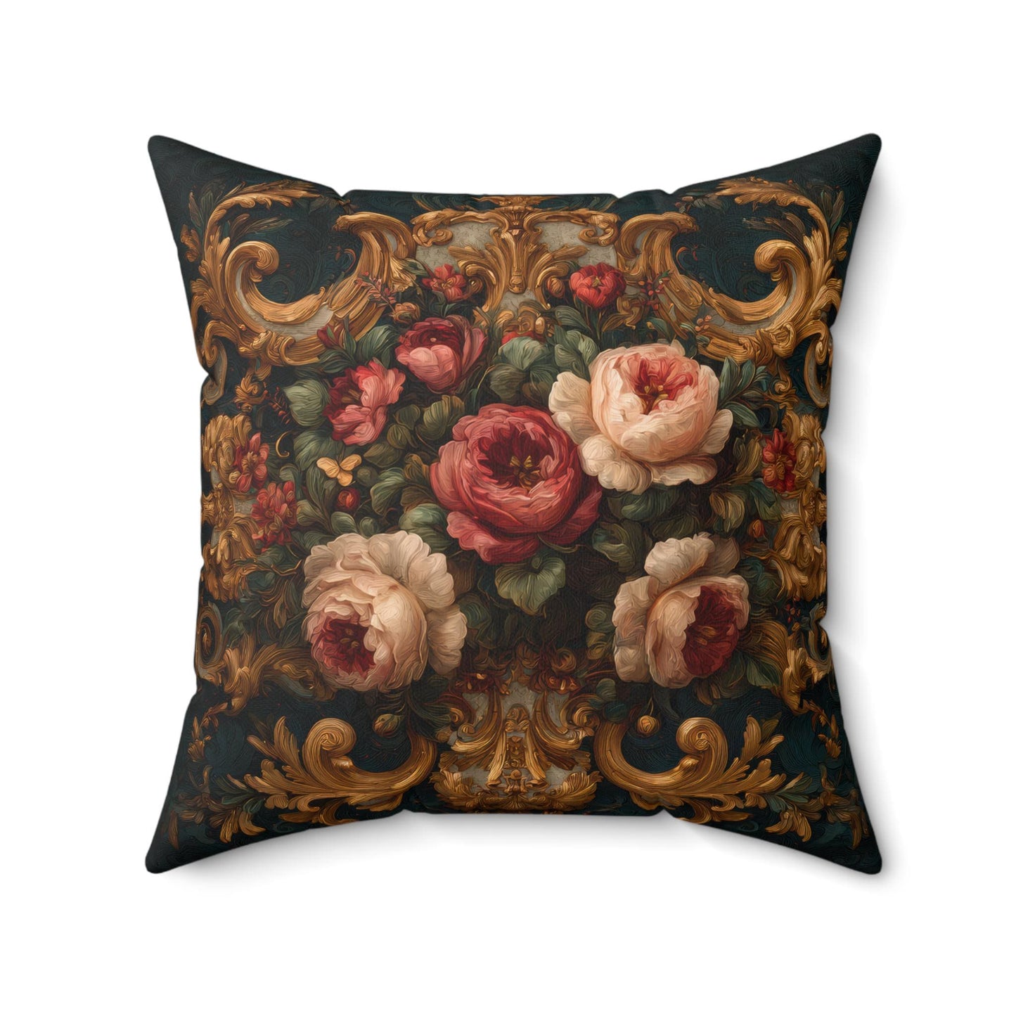 Baroque Rose Floral Pillow on Dark Teal – Rococo Gold Scroll Cushion, Victorian Peony Decorative Pillow, Grandmillennial Luxury Décor