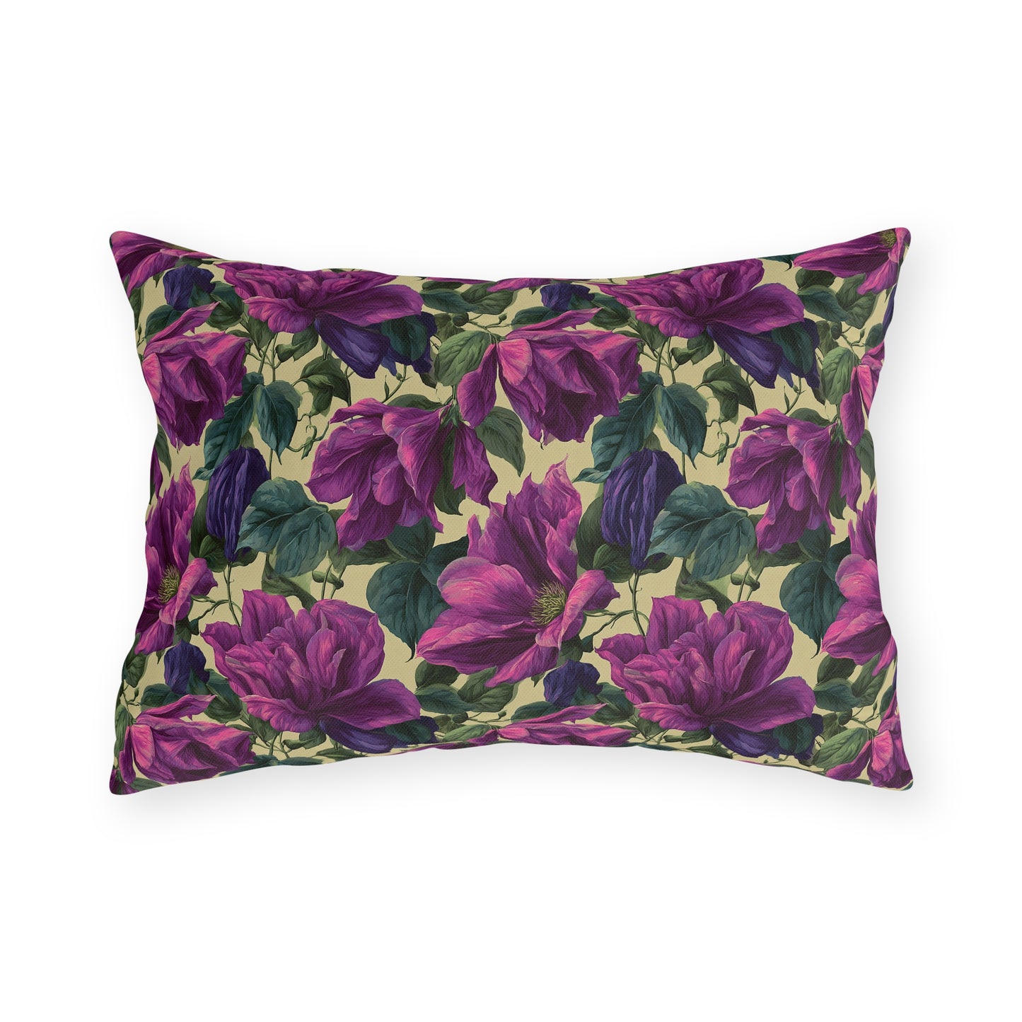 Outdoor Pillow Purple Clematis Cream | Romantic Botanical Patio Cushion