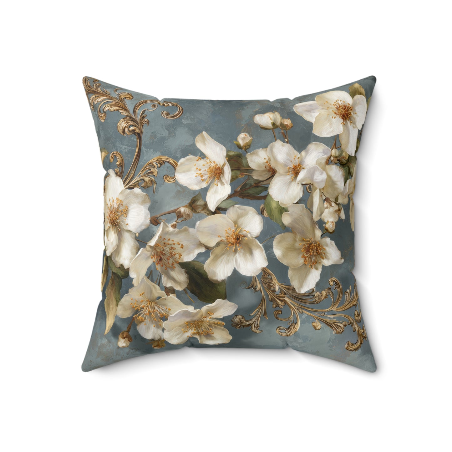 Floral Faux Suede Pillow with insert - Vintage White Blossoms on Blue