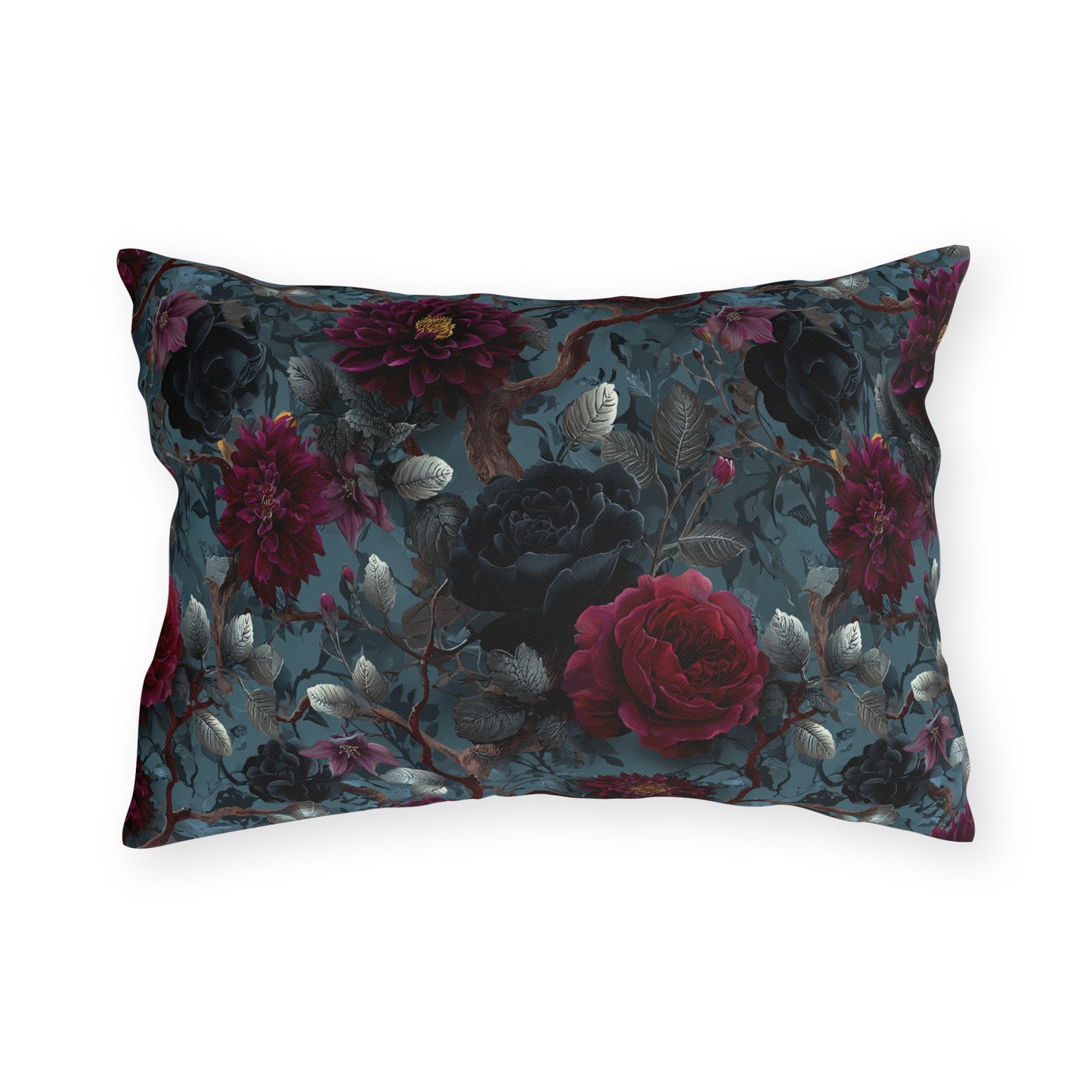 Dark Romantic Roses Outdoor Pillow | Moody Floral Pattern, Garden Decor