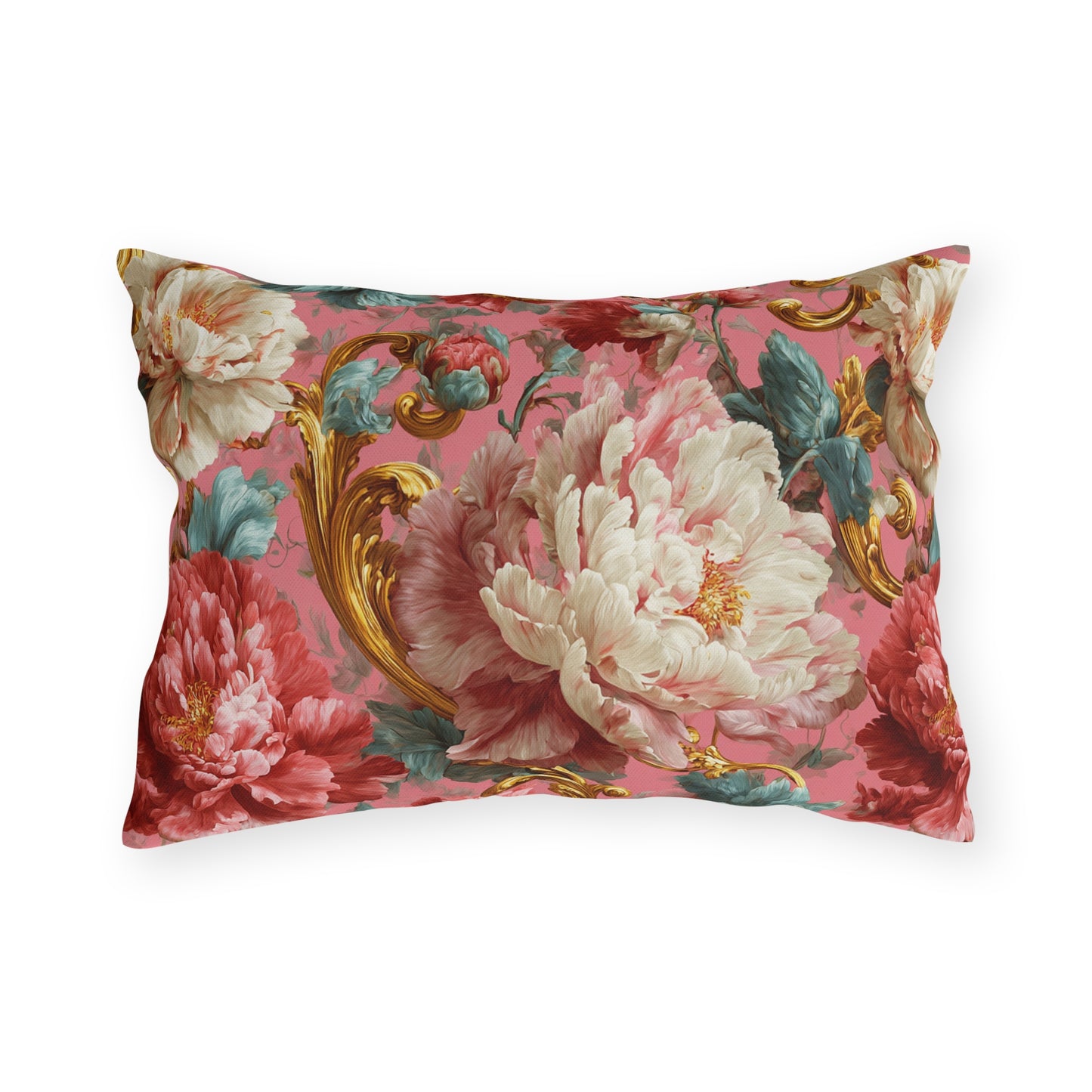 Outdoor Pillow Pink Baroque Peony Floral | Rococo Gold Scroll Garden Cushion | Patio Decor Gift