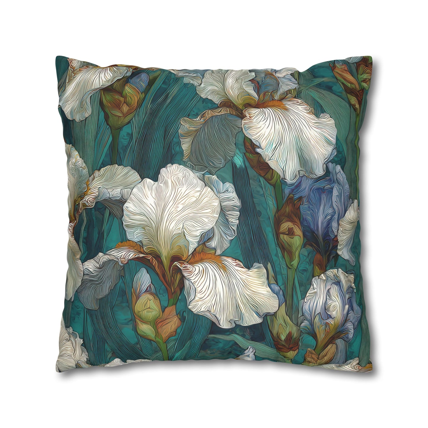 Iris Garden Faux Suede Pillowcase — Teal Floral Decorative Throw Pillow