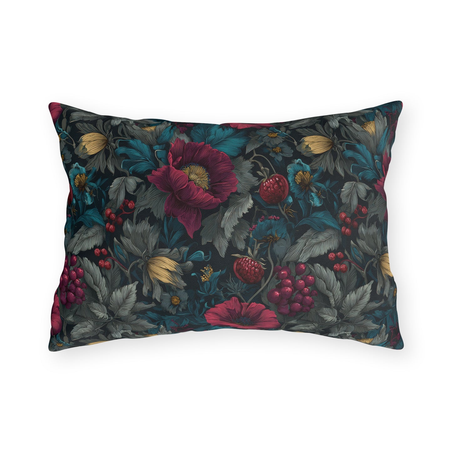 Outdoor Pillow Burgundy Poppy Teal Floral | Gothic Botanical Garden Decor