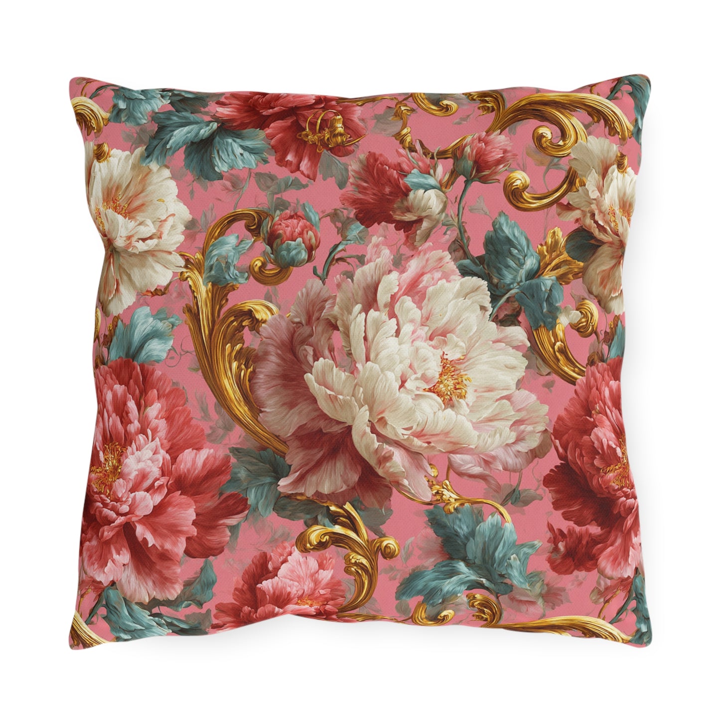 Outdoor Pillow Pink Baroque Peony Floral | Rococo Gold Scroll Garden Cushion | Patio Decor Gift