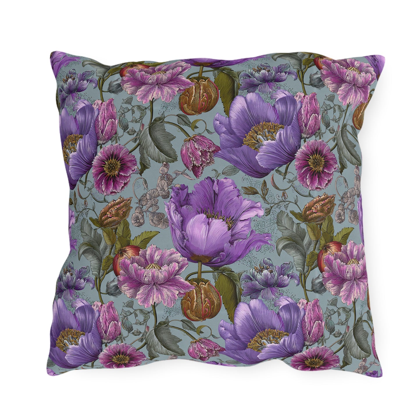 Outdoor Pillow Purple Rococo Botanical Teal | English Garden Patio Decor