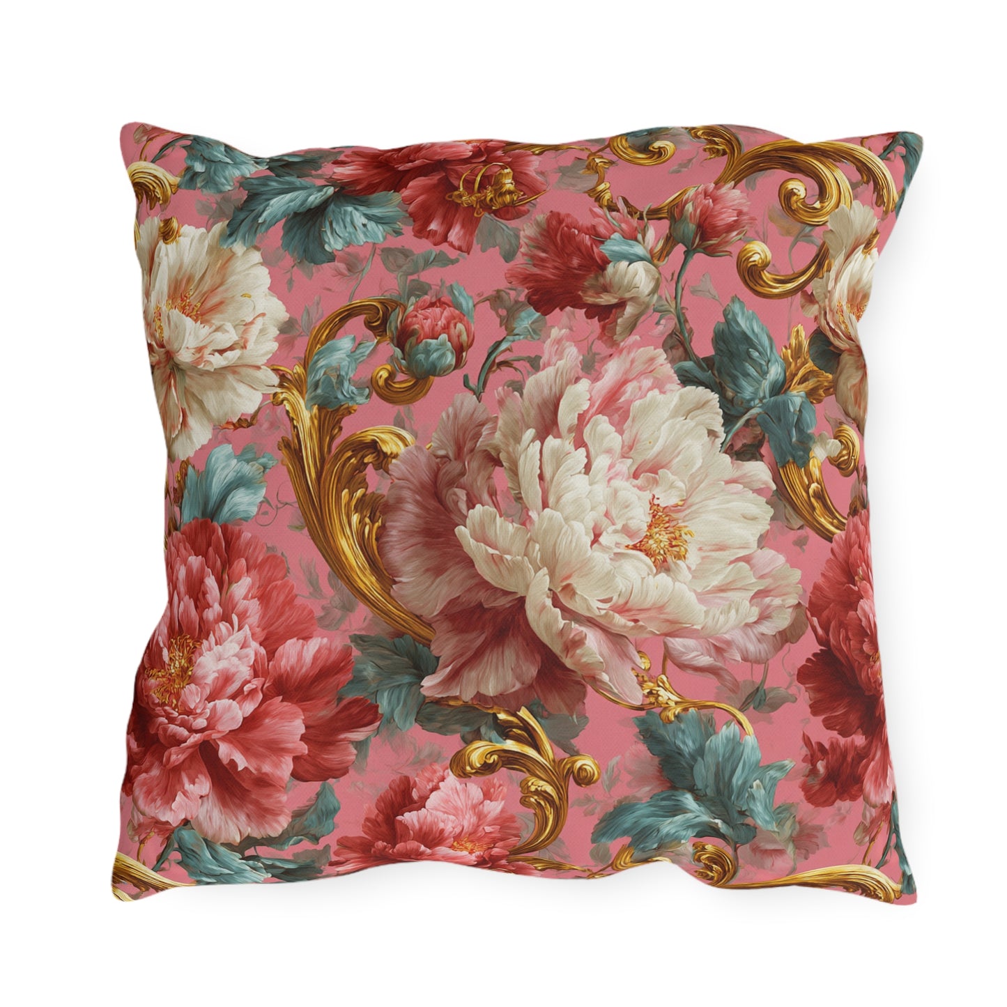 Outdoor Pillow Pink Baroque Peony Floral | Rococo Gold Scroll Garden Cushion | Patio Decor Gift