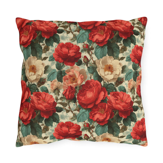 Outdoor Pillow  Cottage Core Carmen Red Rose Botanical Decor