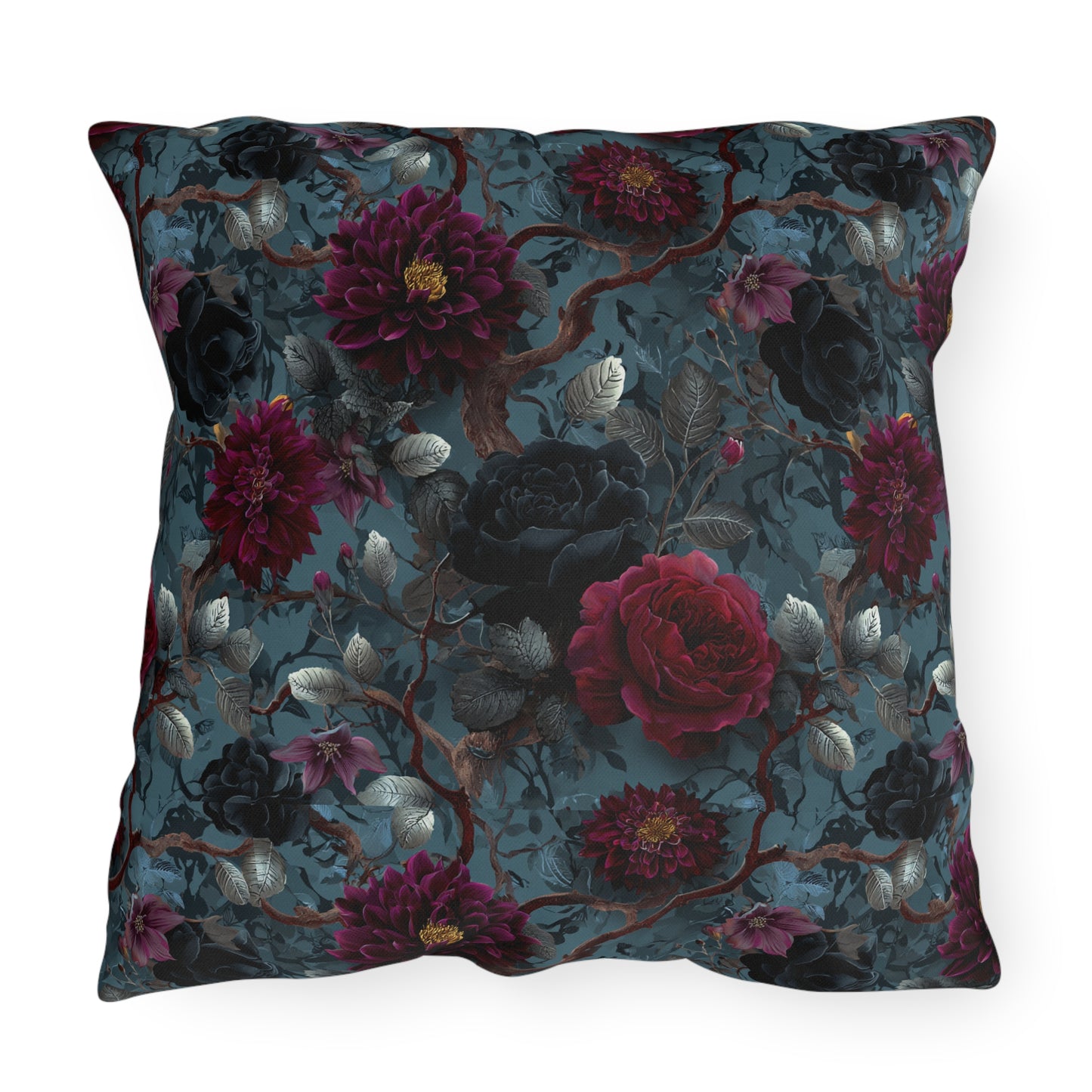 Dark Romantic Roses Outdoor Pillow | Moody Floral Pattern, Garden Decor