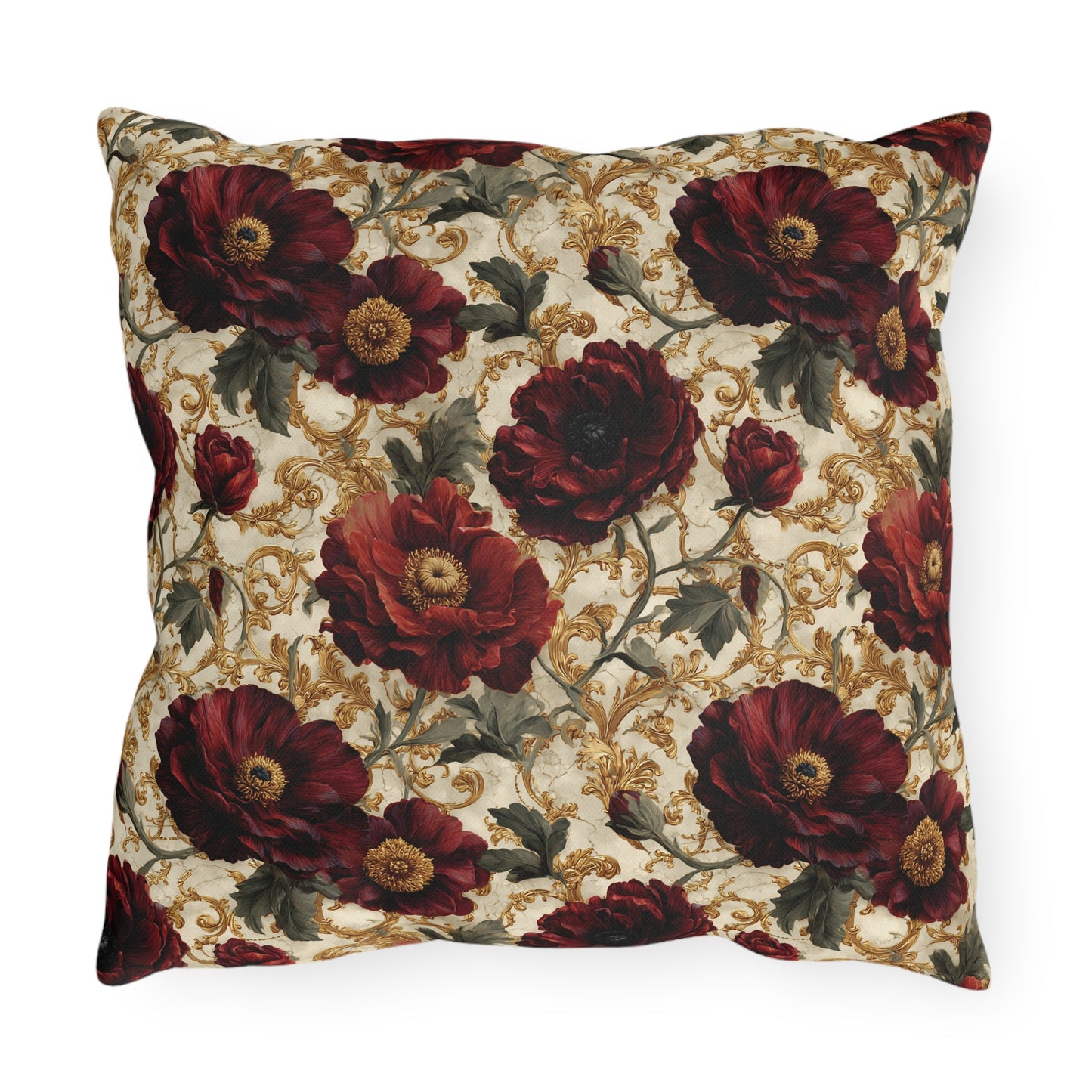 Outdoor Pillow Crimson Poppy Gold Baroque | Grandmillennial Garden Cushions