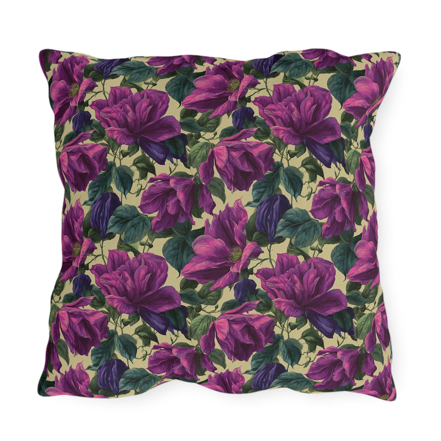 Outdoor Pillow Purple Clematis Cream | Romantic Botanical Patio Cushion
