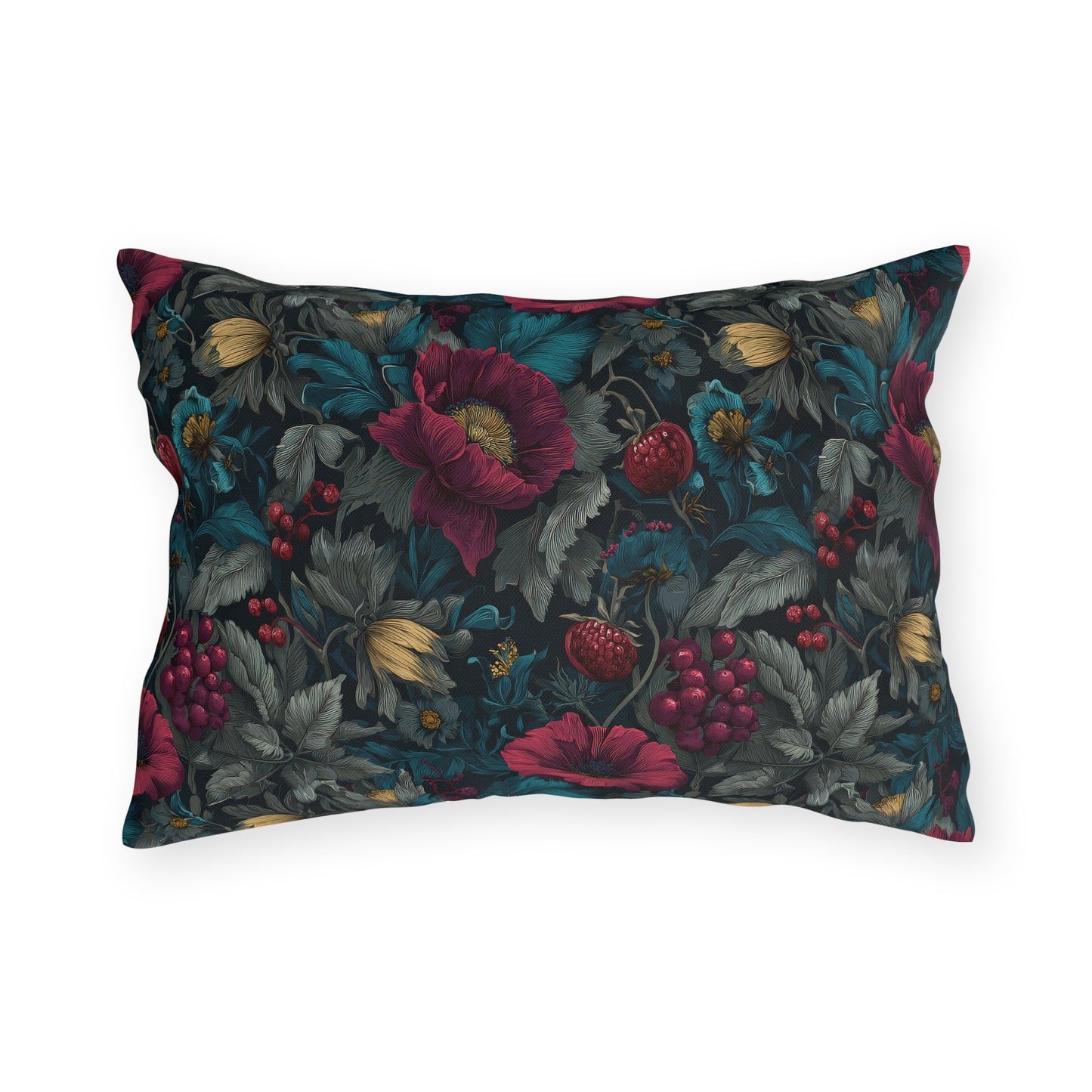 Outdoor Pillow Burgundy Poppy Teal Floral | Gothic Botanical Garden Decor