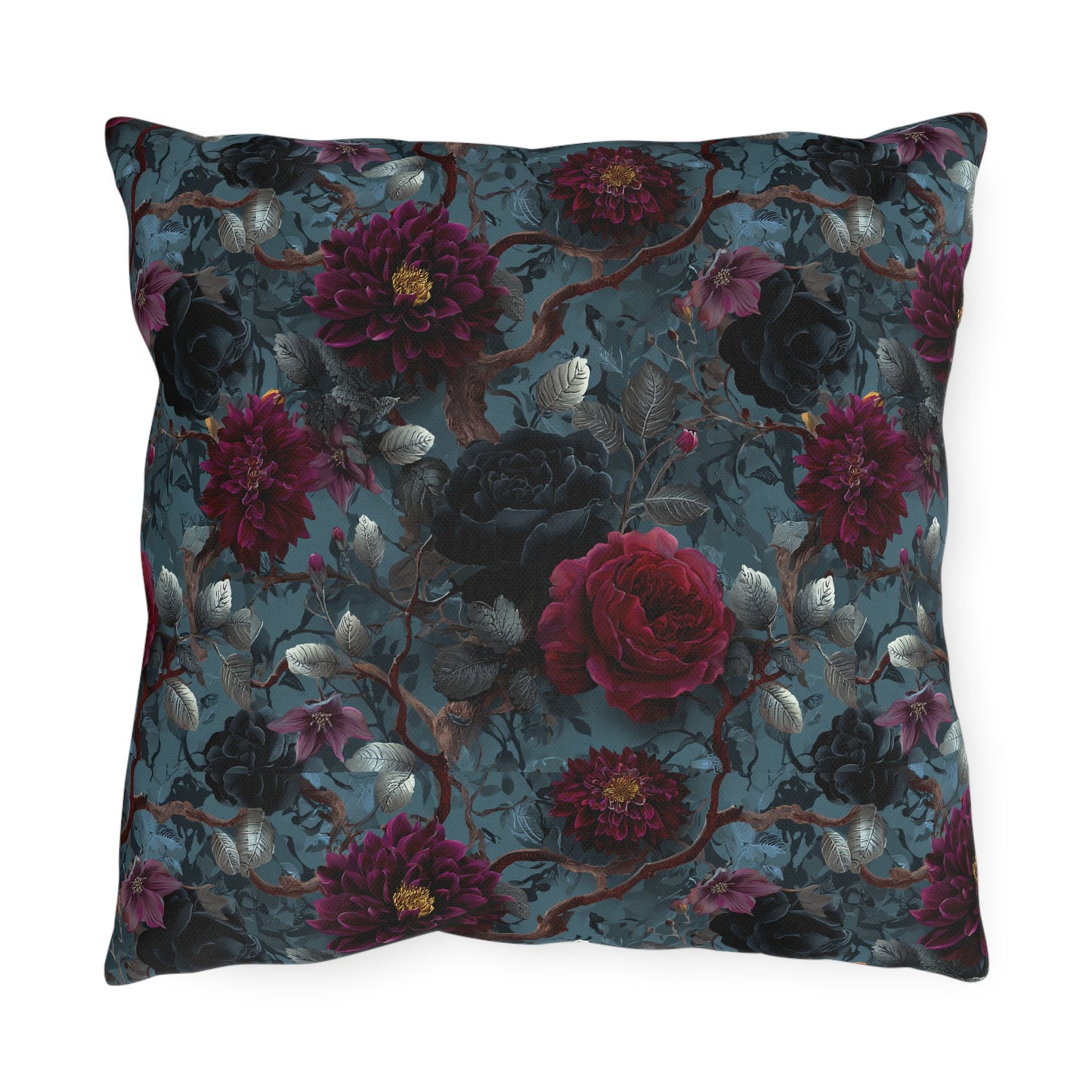 Dark Romantic Roses Outdoor Pillow | Moody Floral Pattern, Garden Decor