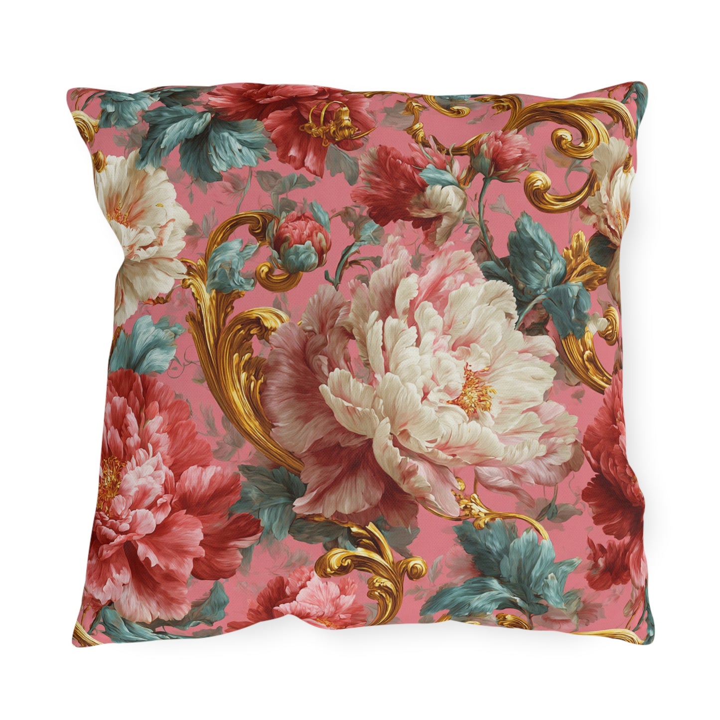 Outdoor Pillow Pink Baroque Peony Floral | Rococo Gold Scroll Garden Cushion | Patio Decor Gift