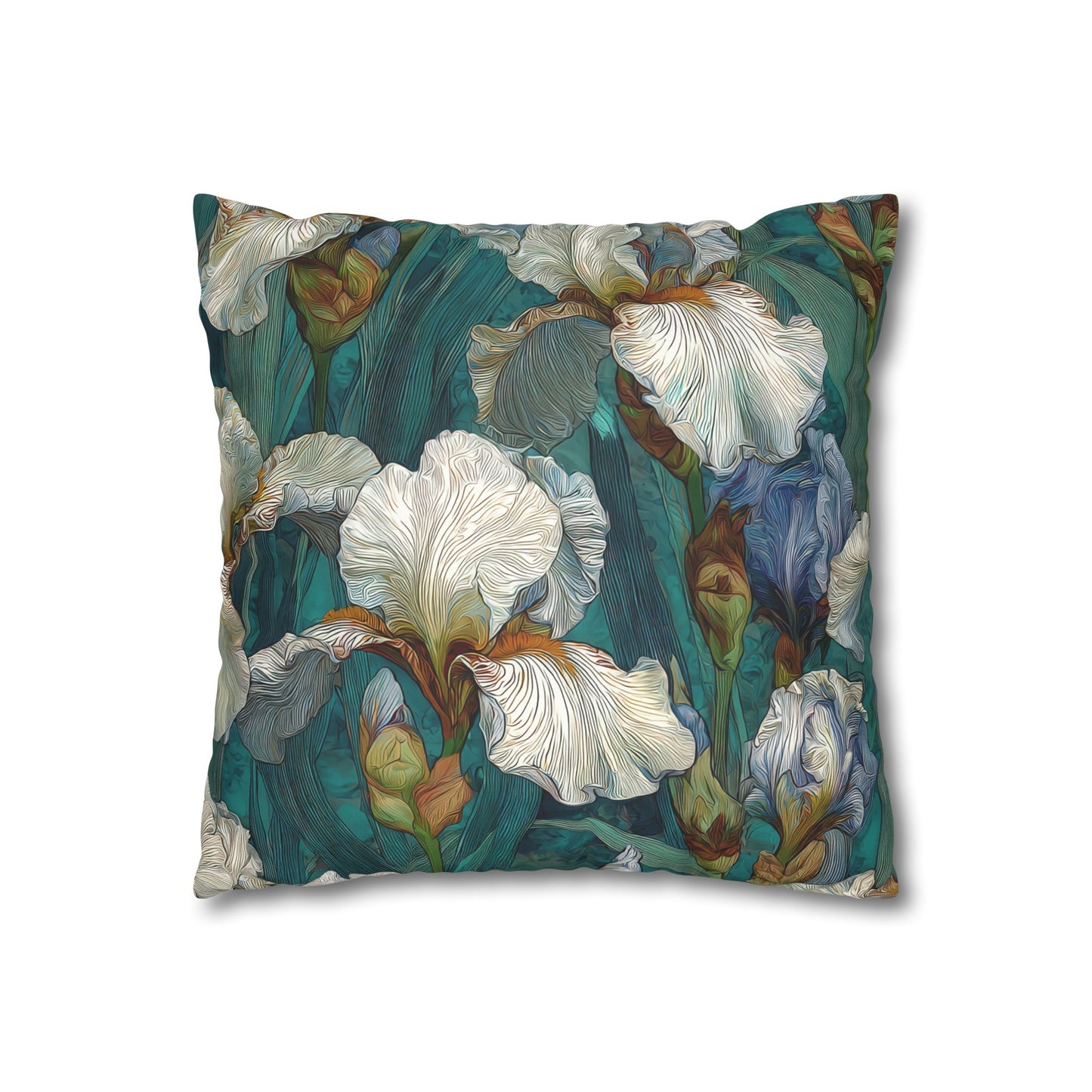 Iris Garden Faux Suede Pillowcase — Teal Floral Decorative Throw Pillow