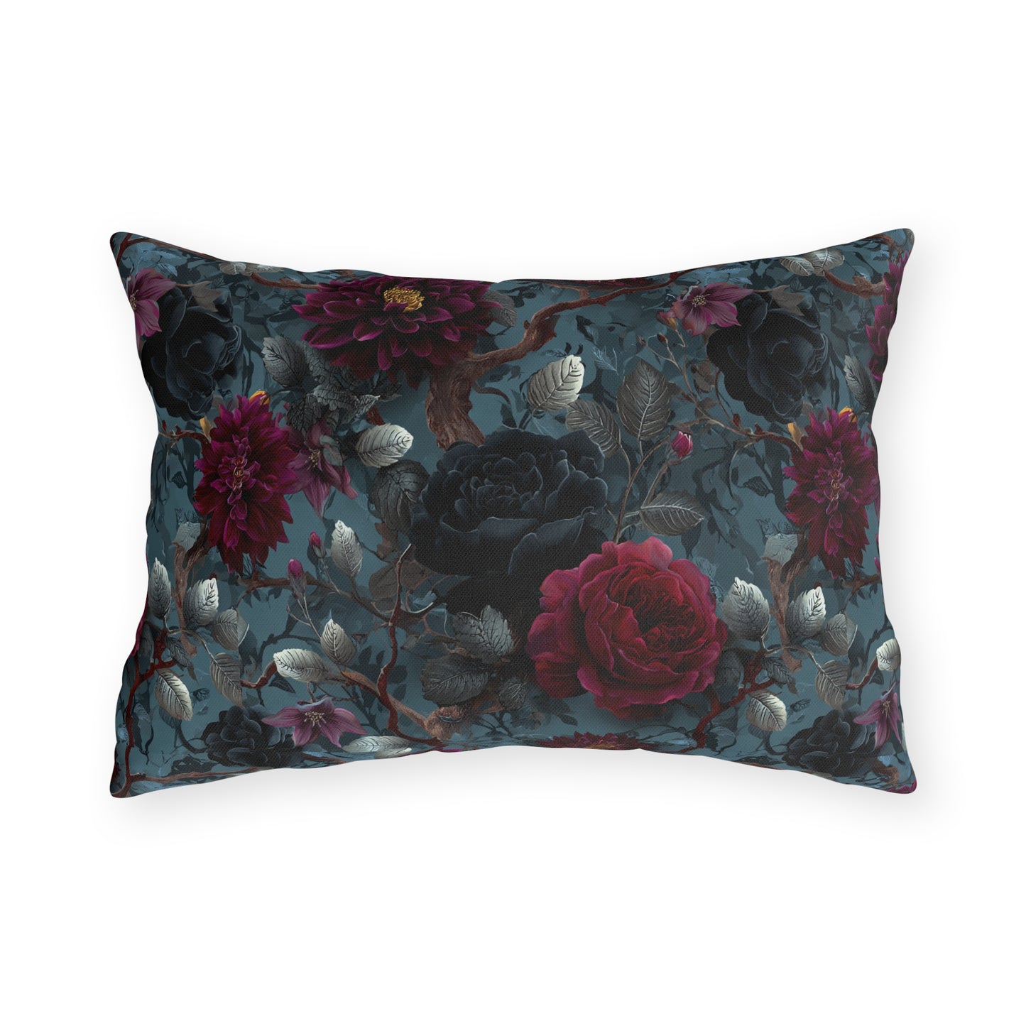 Dark Romantic Roses Outdoor Pillow | Moody Floral Pattern, Garden Decor