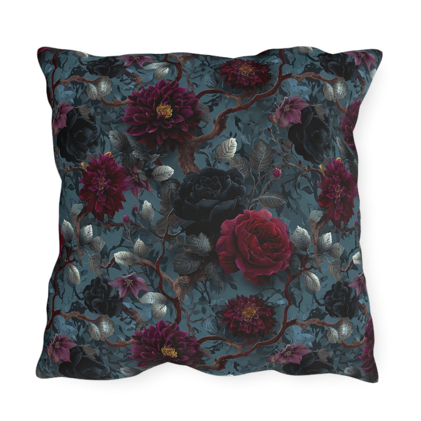 Dark Romantic Roses Outdoor Pillow | Moody Floral Pattern, Garden Decor