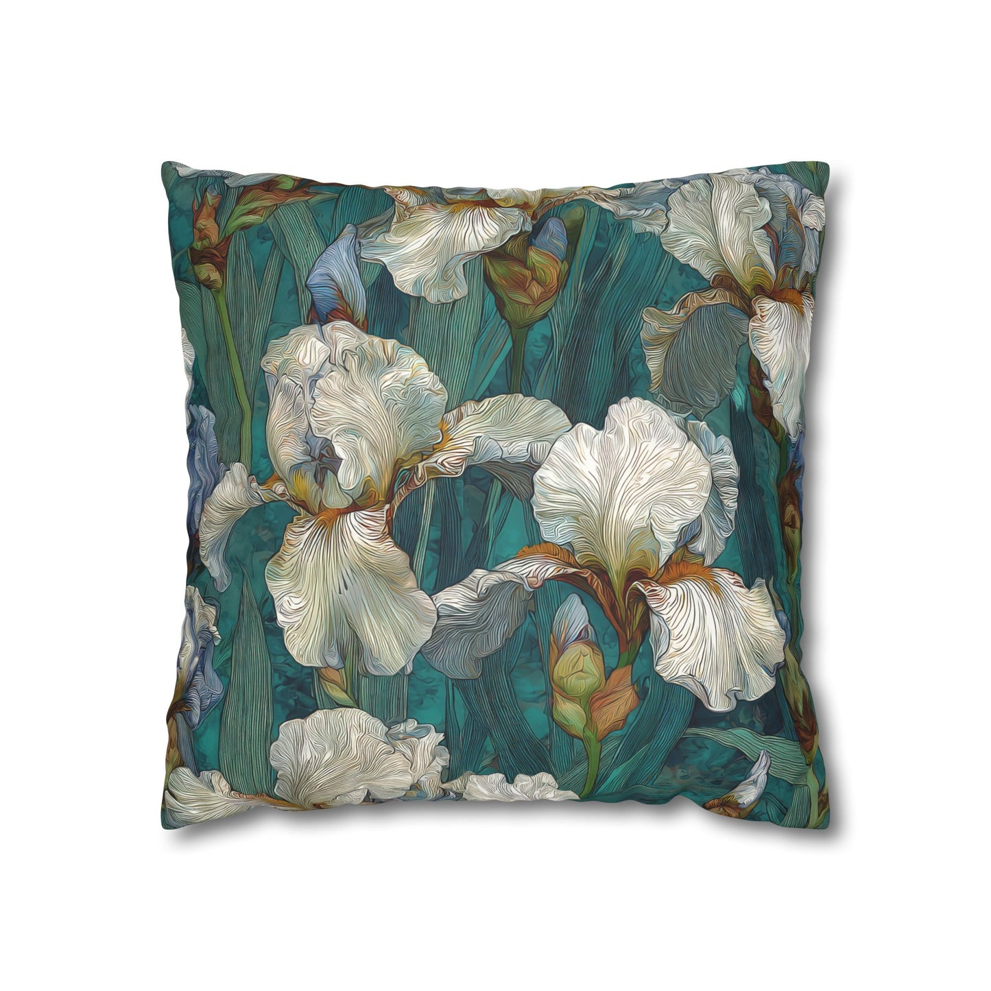 Cushion Cover Iris Garden Faux Suede Pillowcase Teal Floral Square Throw Pillow Cover