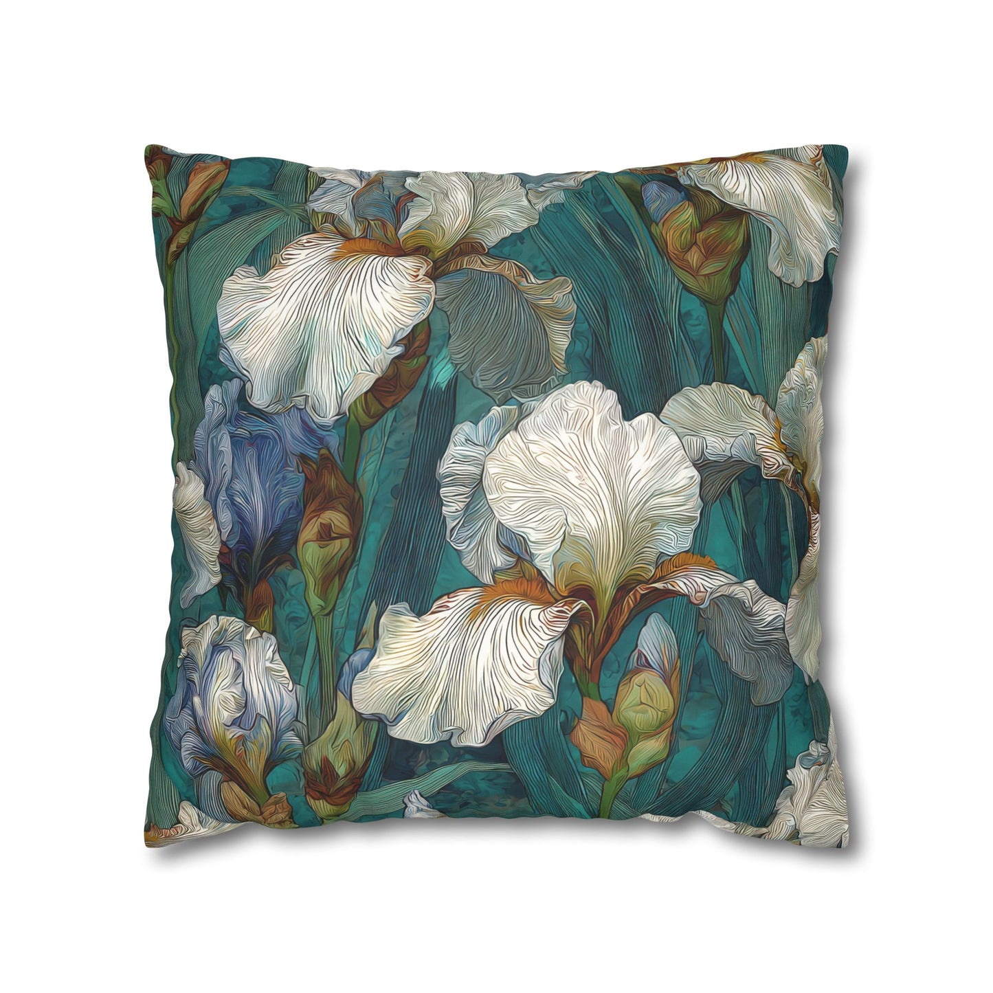 Iris Garden Faux Suede Pillowcase — Teal Floral Decorative Throw Pillow