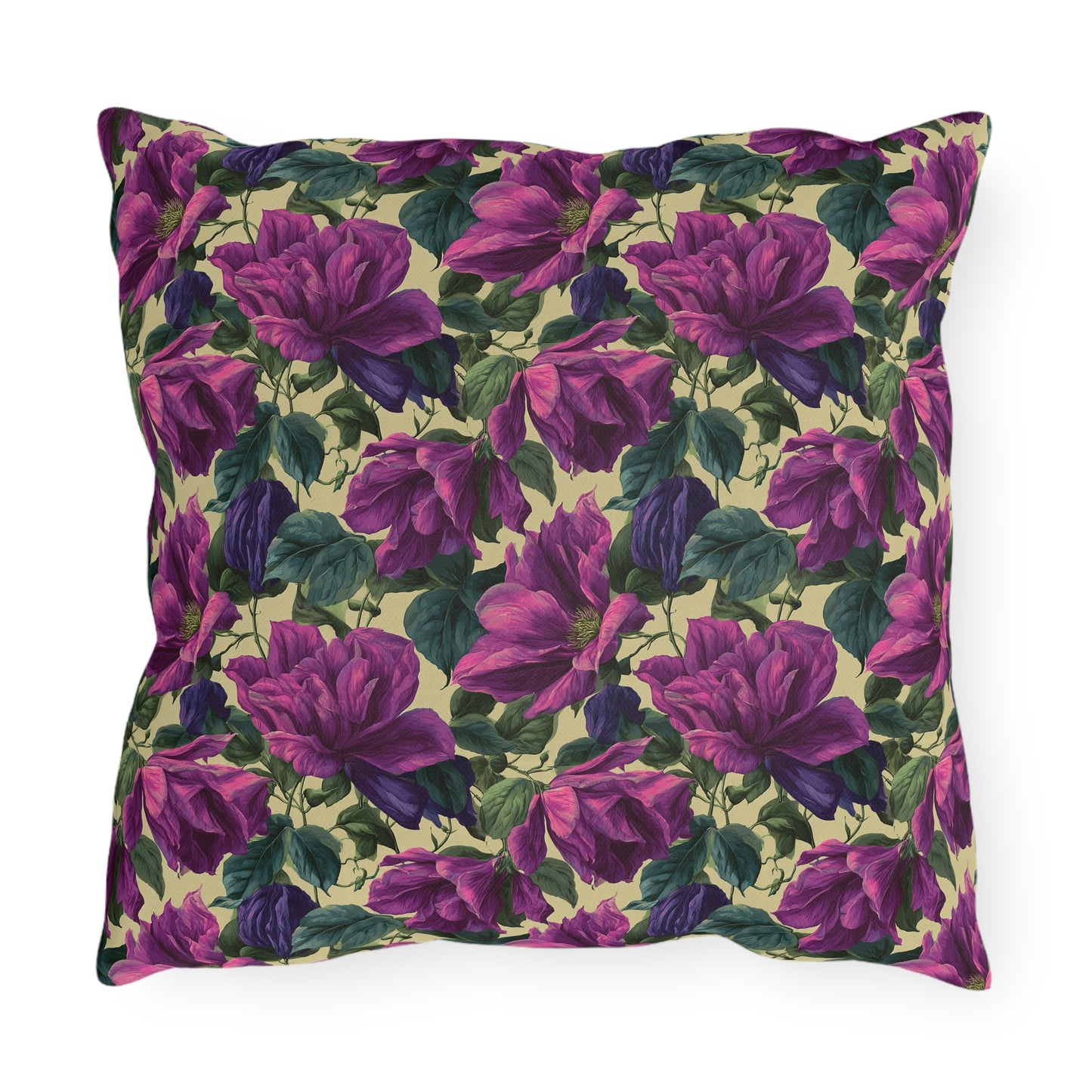 Outdoor Pillow Purple Clematis Cream | Romantic Botanical Patio Cushion