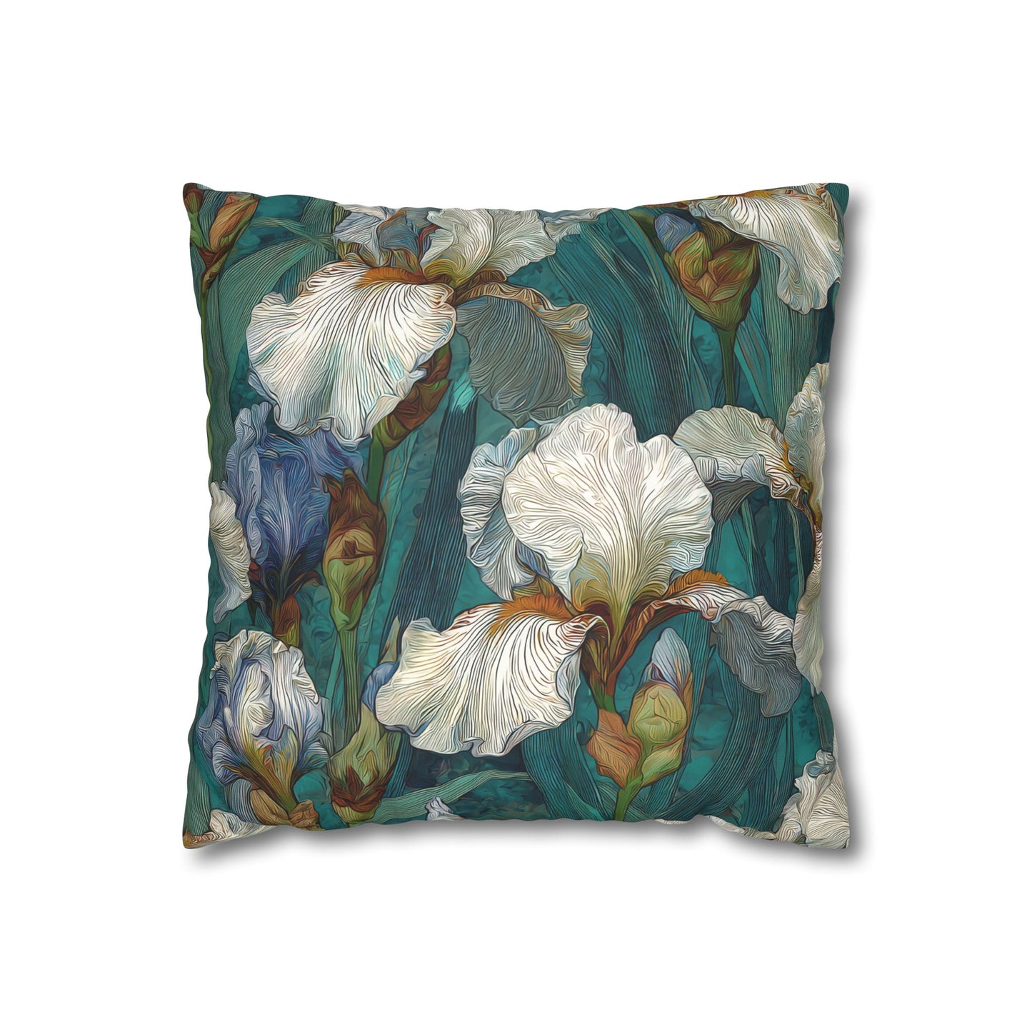 Iris Garden Faux Suede Pillowcase — Teal Floral Decorative Throw Pillow
