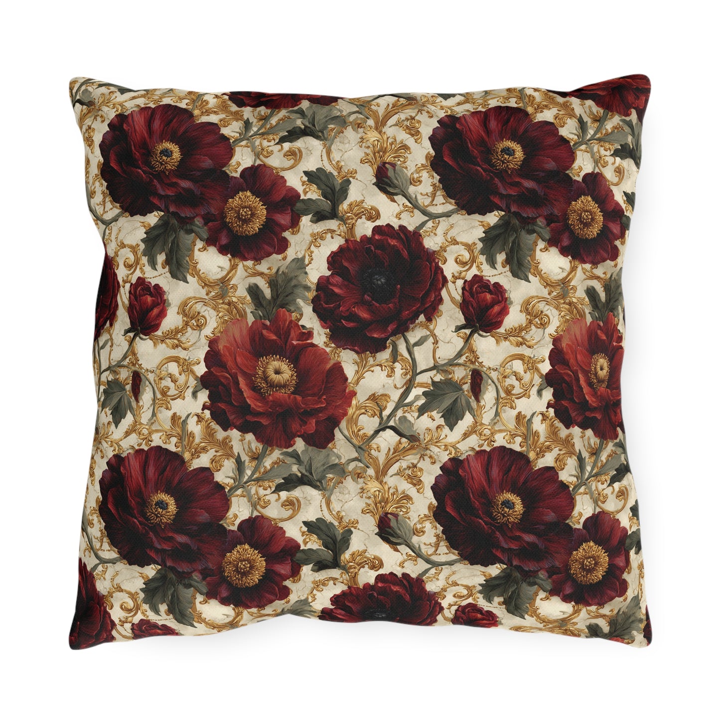 Outdoor Pillow Crimson Poppy Gold Baroque | Grandmillennial Garden Cushions