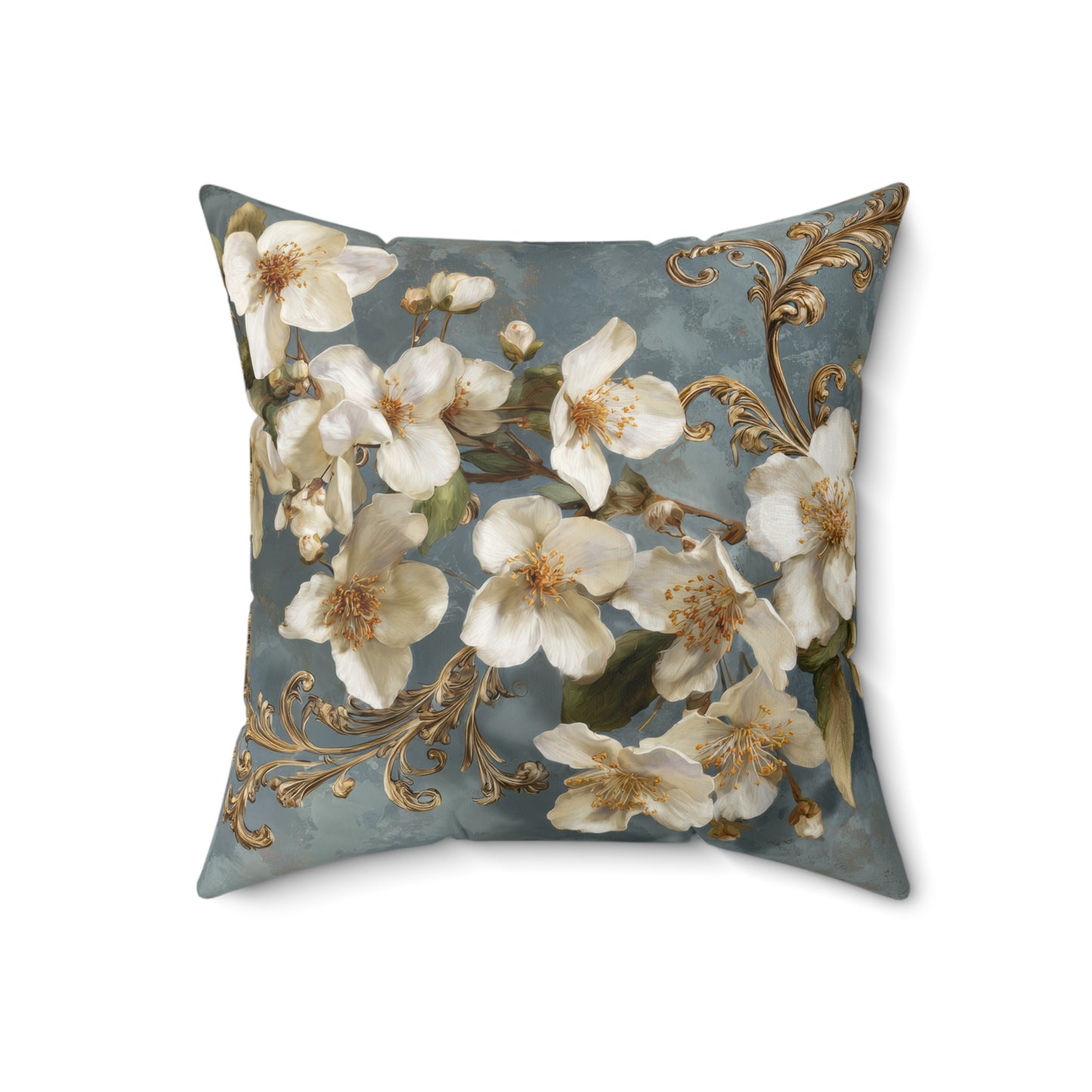 Floral Faux Suede Pillow with insert - Vintage White Blossoms on Blue