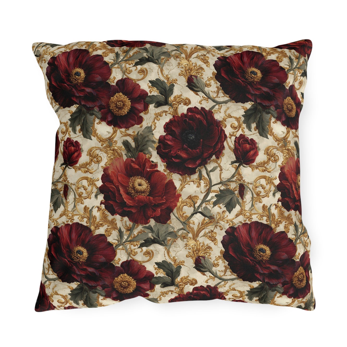 Outdoor Pillow Crimson Poppy Gold Baroque | Grandmillennial Garden Cushions