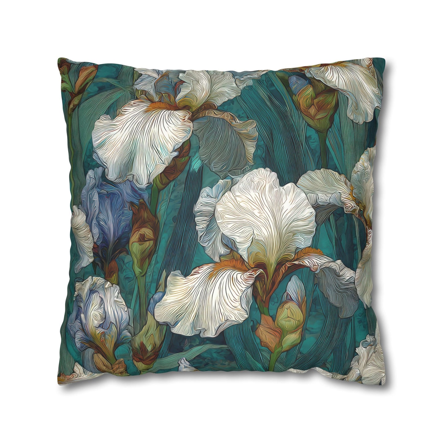 Iris Garden Faux Suede Pillowcase — Teal Floral Decorative Throw Pillow