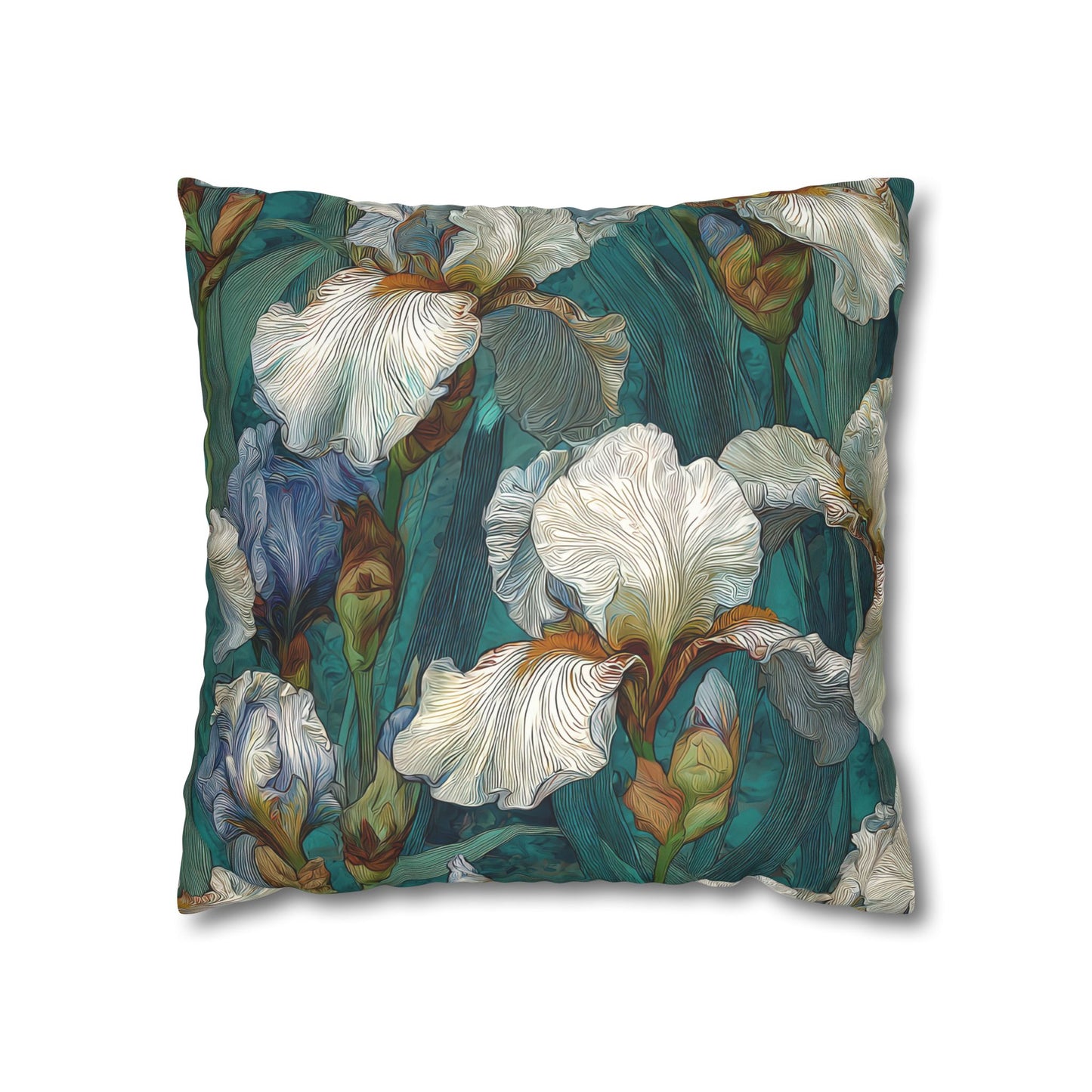 Iris Garden Faux Suede Pillowcase — Teal Floral Decorative Throw Pillow
