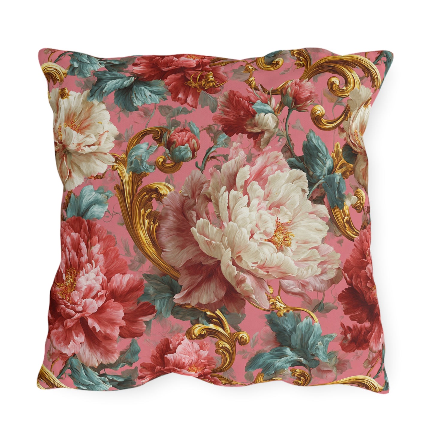 Outdoor Pillow Pink Baroque Peony Floral | Rococo Gold Scroll Garden Cushion | Patio Decor Gift