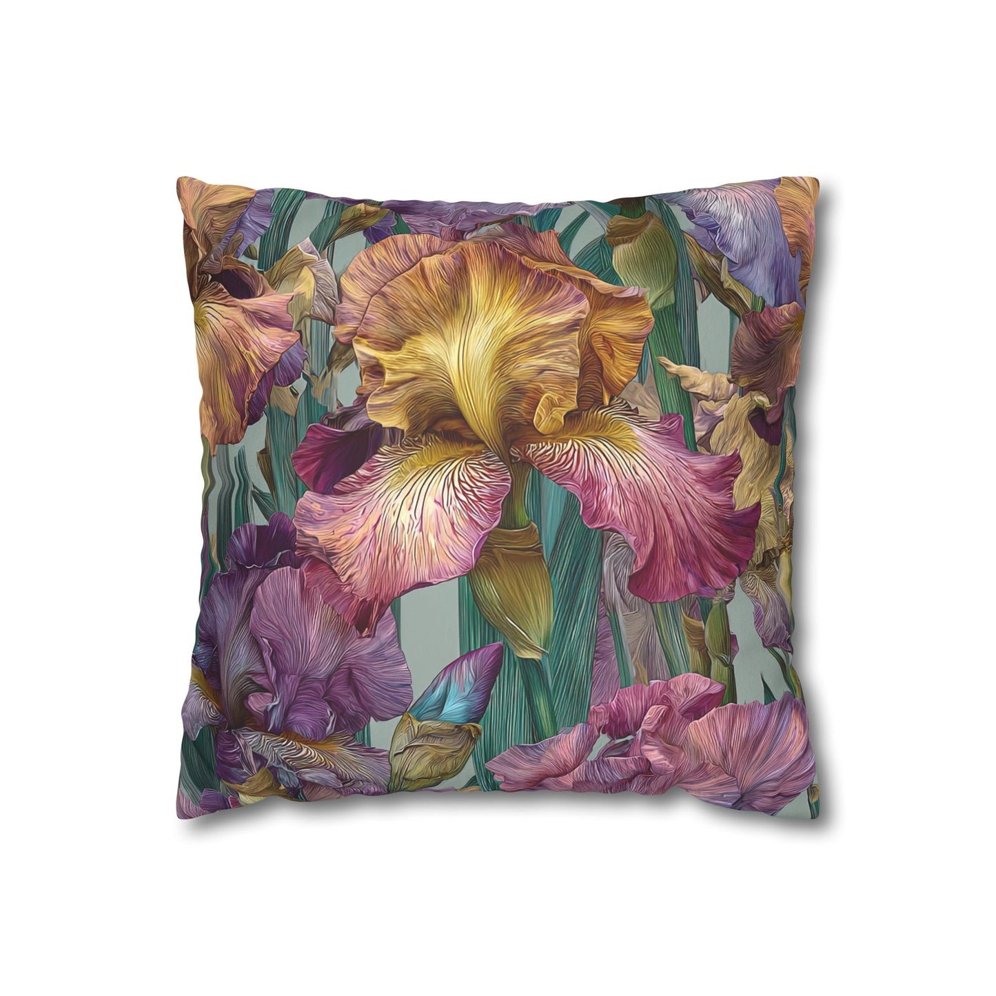 Decorative pillow with a floral design featuring irises on a white background