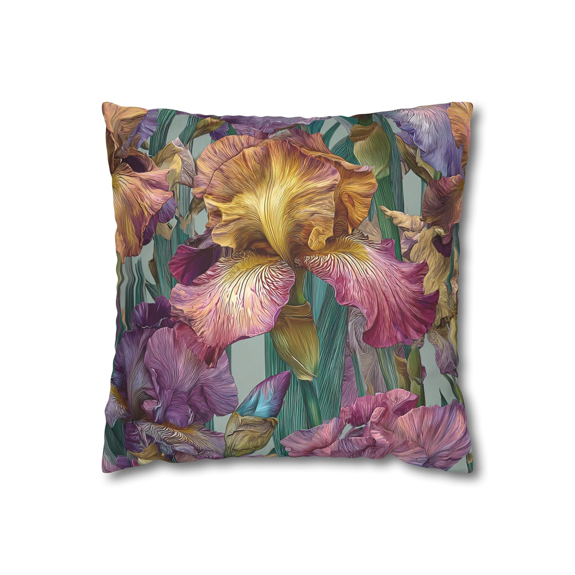 Decorative pillow with a floral design featuring irises on a white background