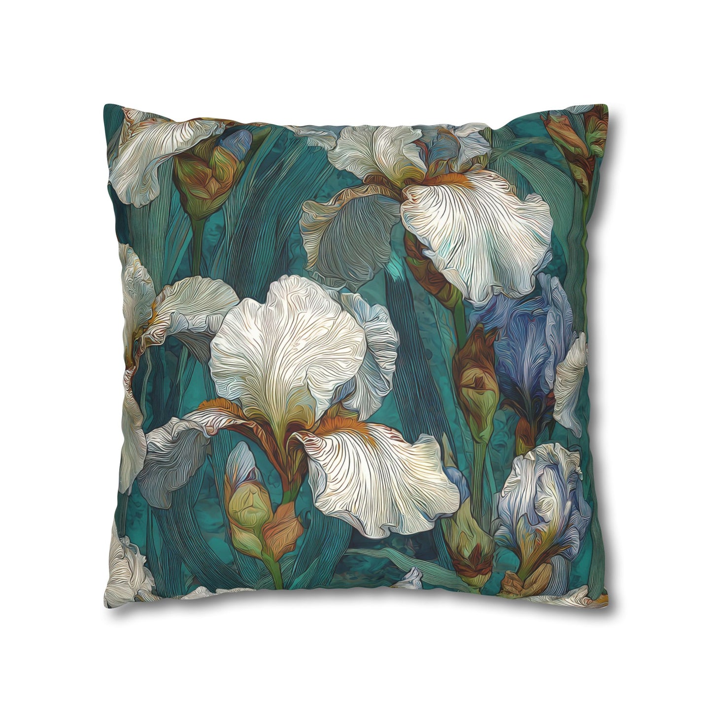 Iris Garden Faux Suede Pillowcase — Teal Floral Decorative Throw Pillow