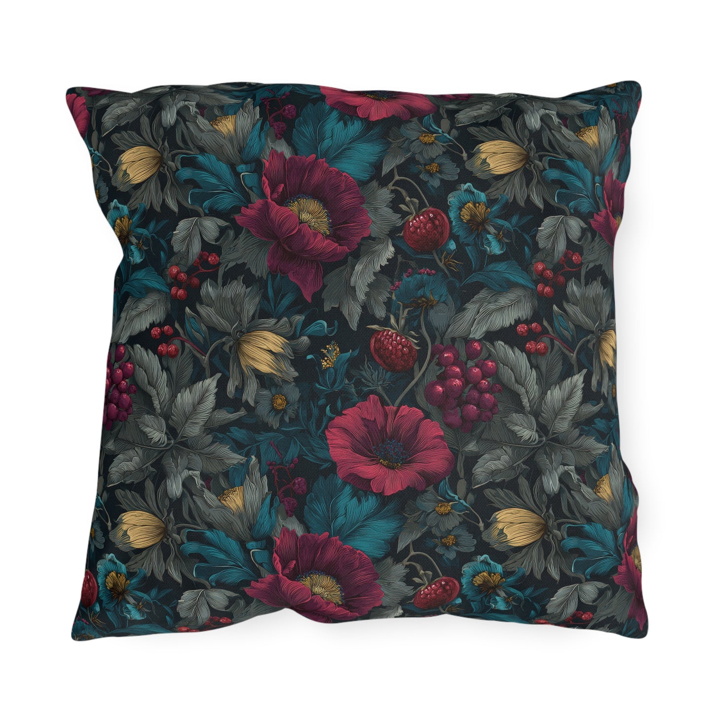 Outdoor Pillow Burgundy Poppy Teal Floral | Gothic Botanical Garden Decor
