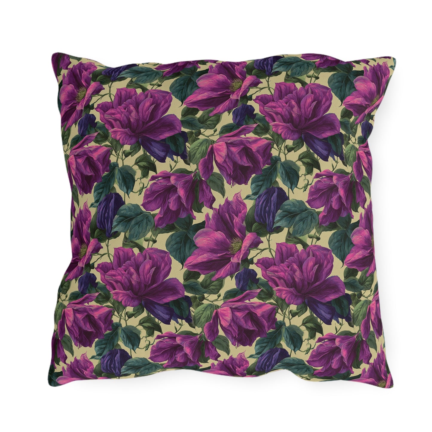 Outdoor Pillow Purple Clematis Cream | Romantic Botanical Patio Cushion