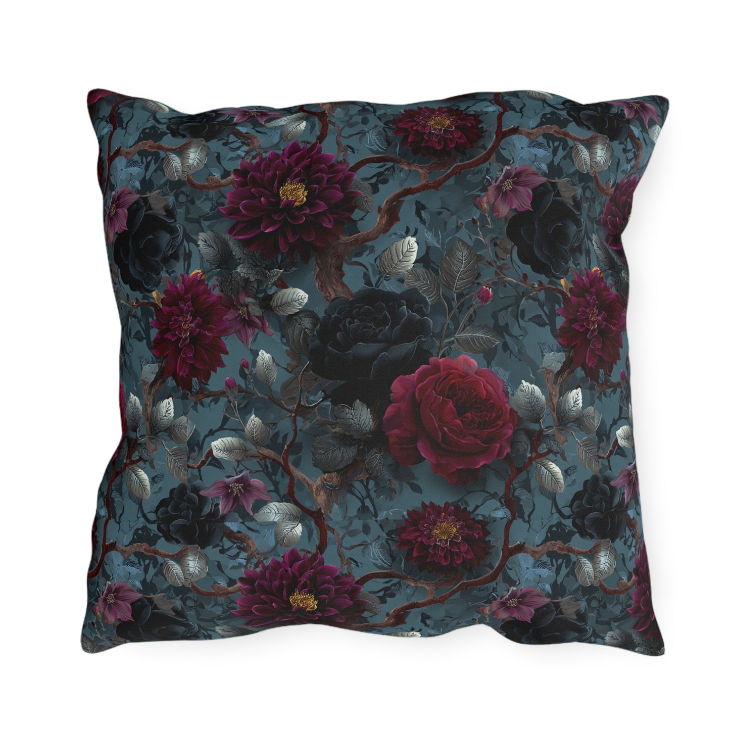Dark Romantic Roses Outdoor Pillow | Moody Floral Pattern, Garden Decor
