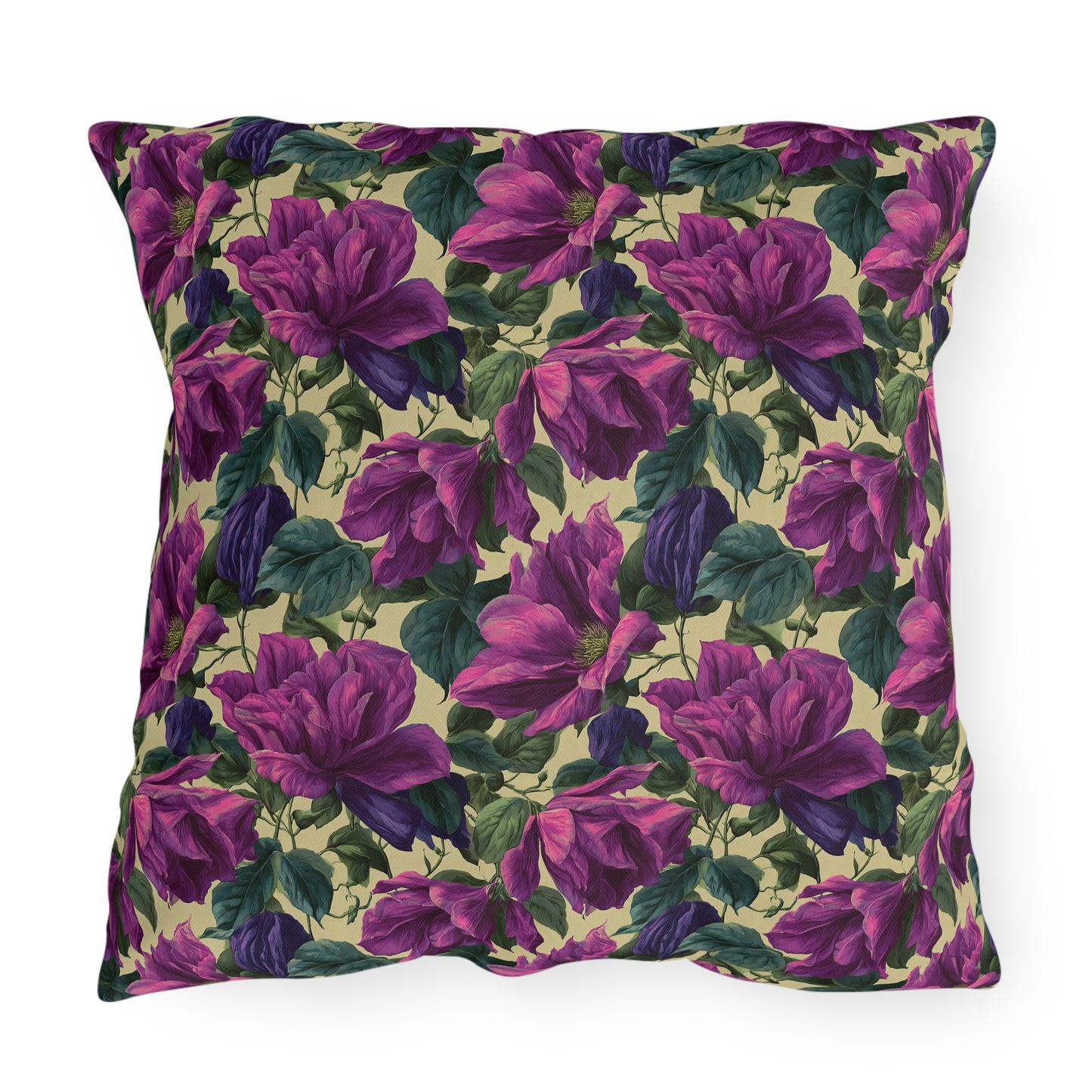Outdoor Pillow Purple Clematis Cream | Romantic Botanical Patio Cushion
