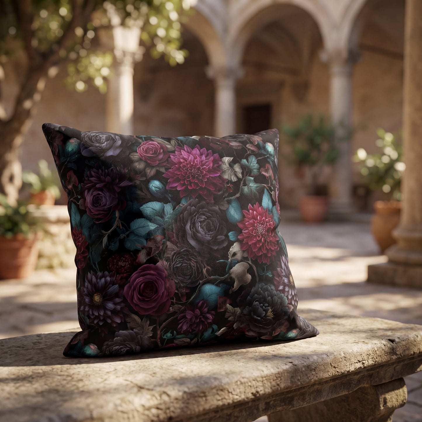 Outdoor pillow Dark Gothic Floral Garden | Whimsigoth Patio Cushion | Dark Academia Home Decor
