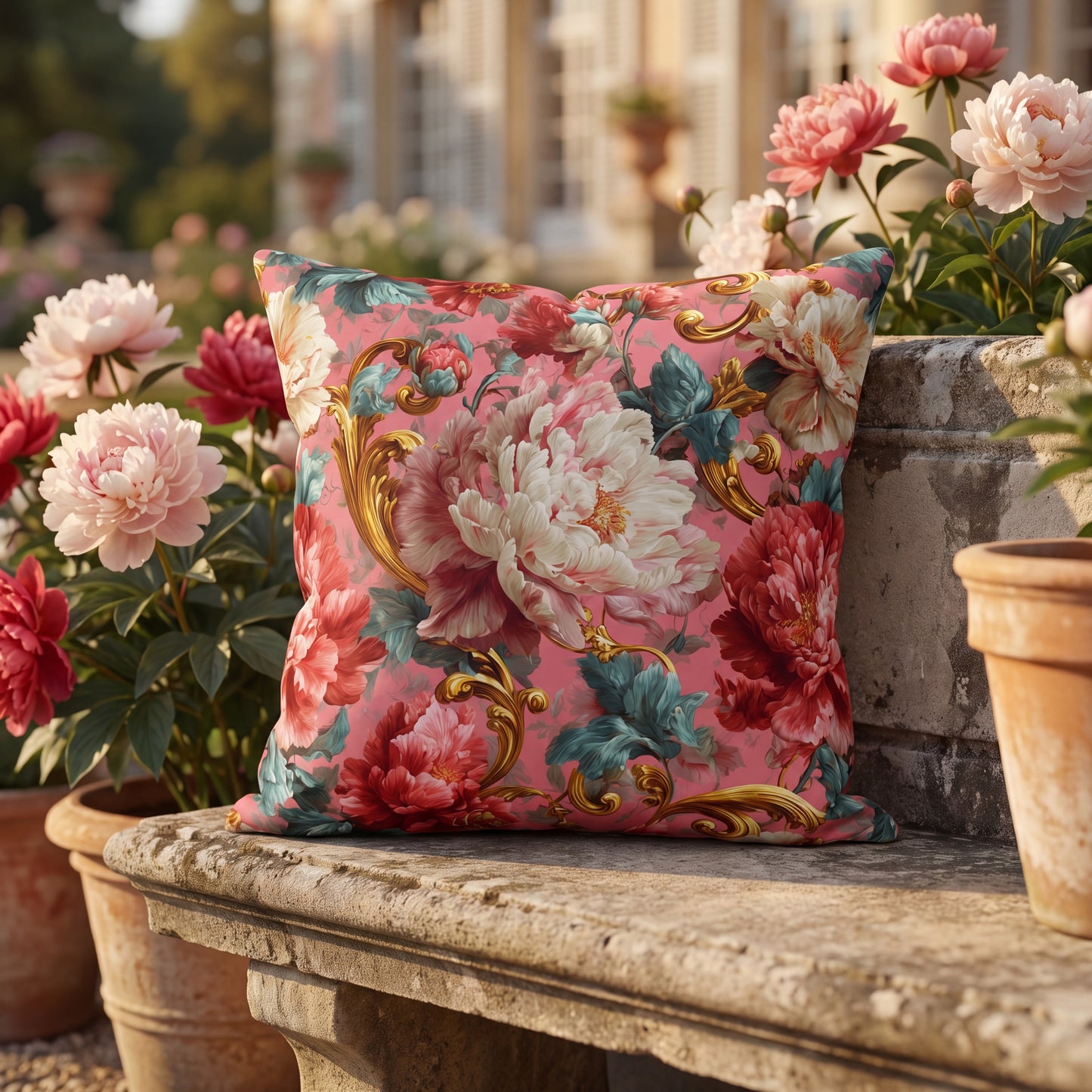 Floral-patterned pillow on a stone surface with flowers in the background