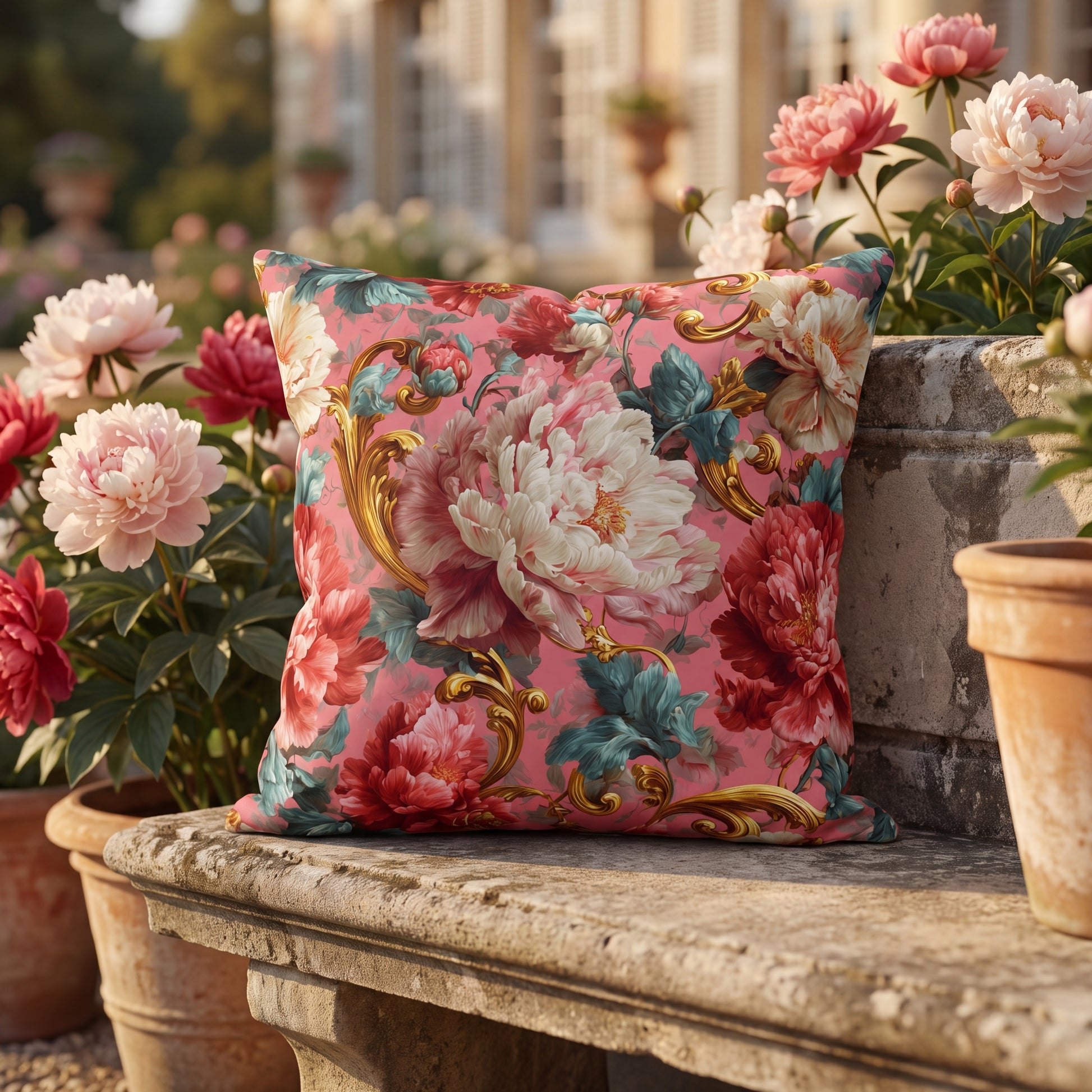 Floral-patterned pillow on a stone surface with flowers in the background