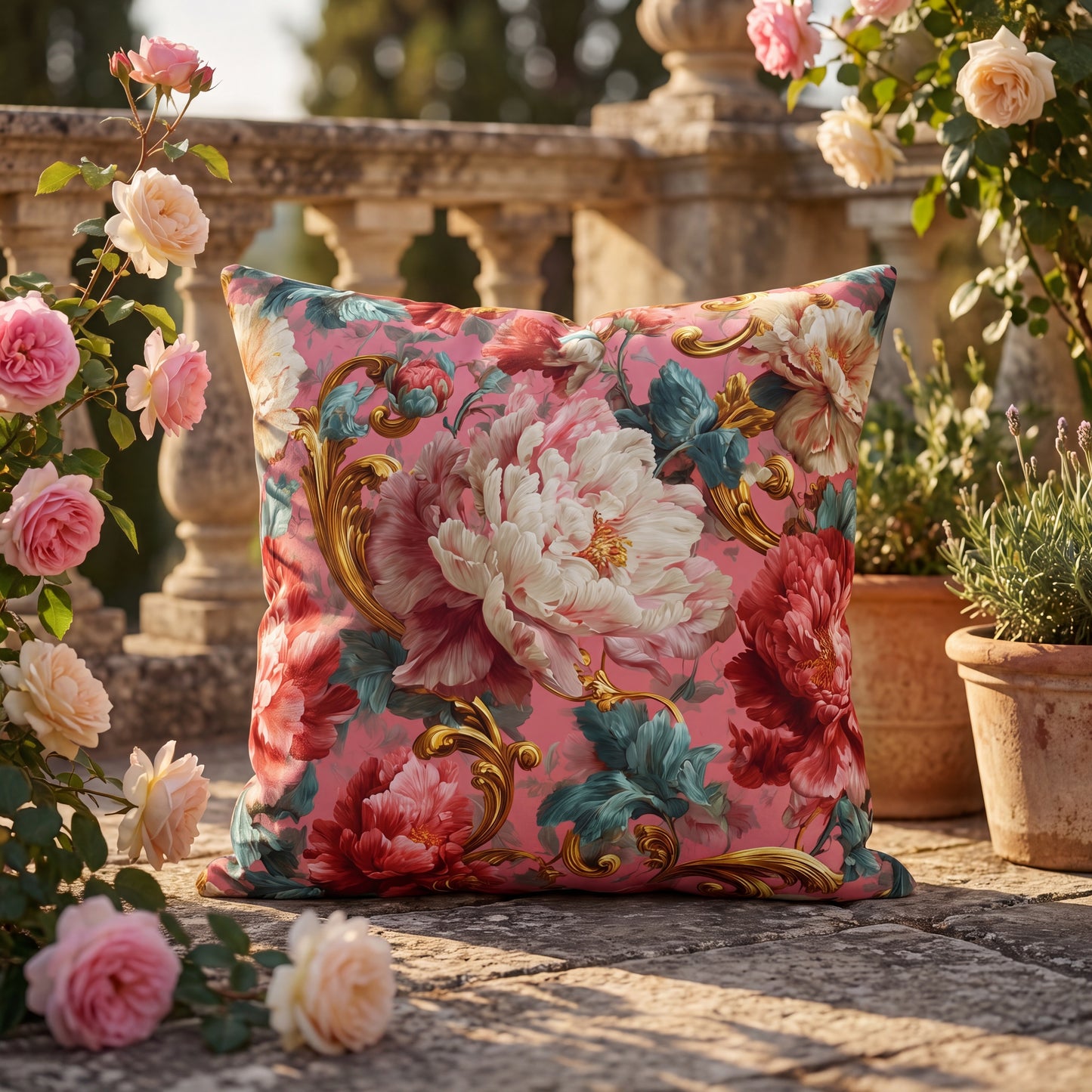 Outdoor Pillow Pink Baroque Peony Floral | Rococo Gold Scroll Garden Cushion | Patio Decor Gift