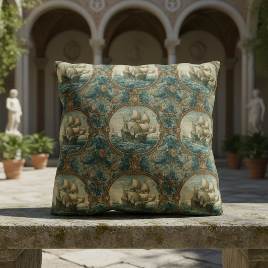 Decorative pillow with ship pattern on a stone bench in an outdoor setting