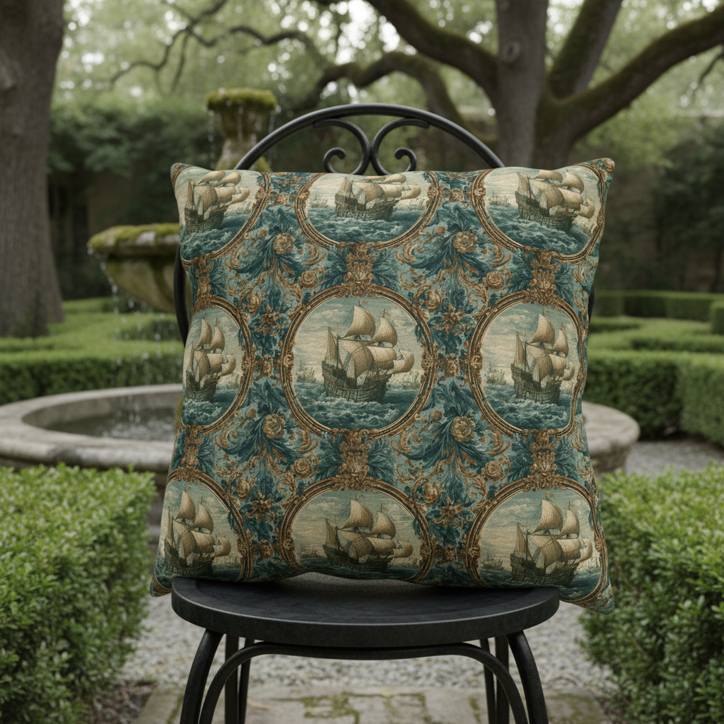 Outdoor Pillows Baroque Nautical Medallion | Old World Decor | Coastal Patio Cushion