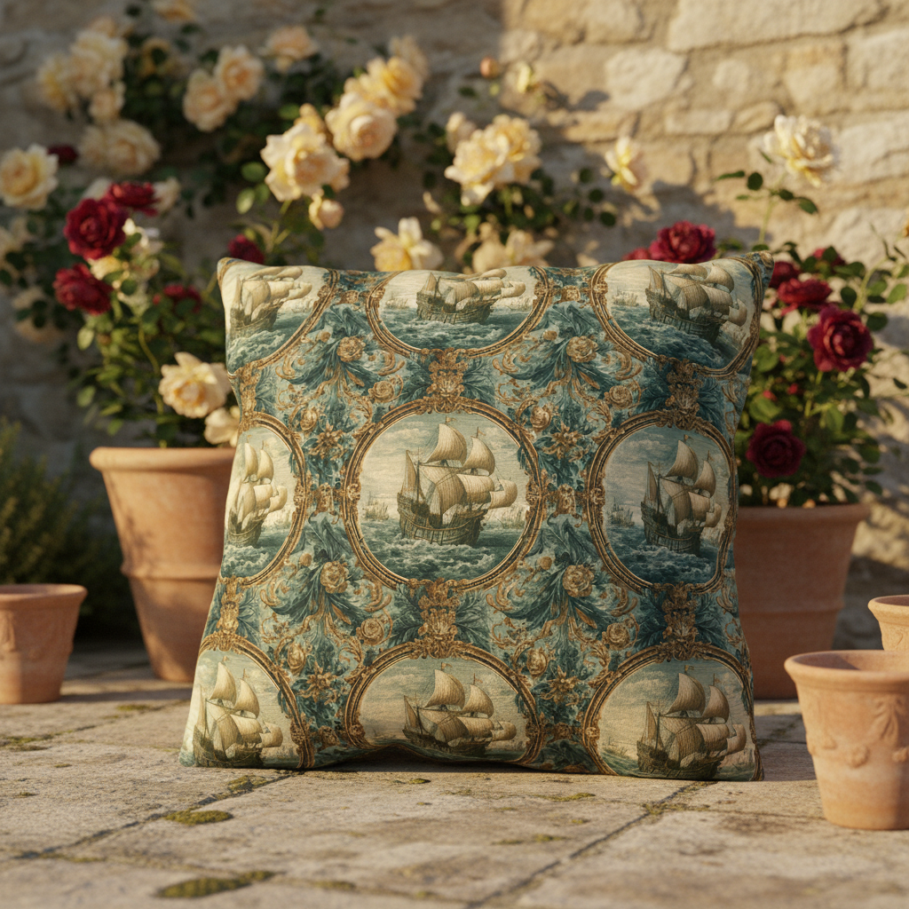 Outdoor Pillows Baroque Nautical Medallion | Old World Decor | Coastal Patio Cushion
